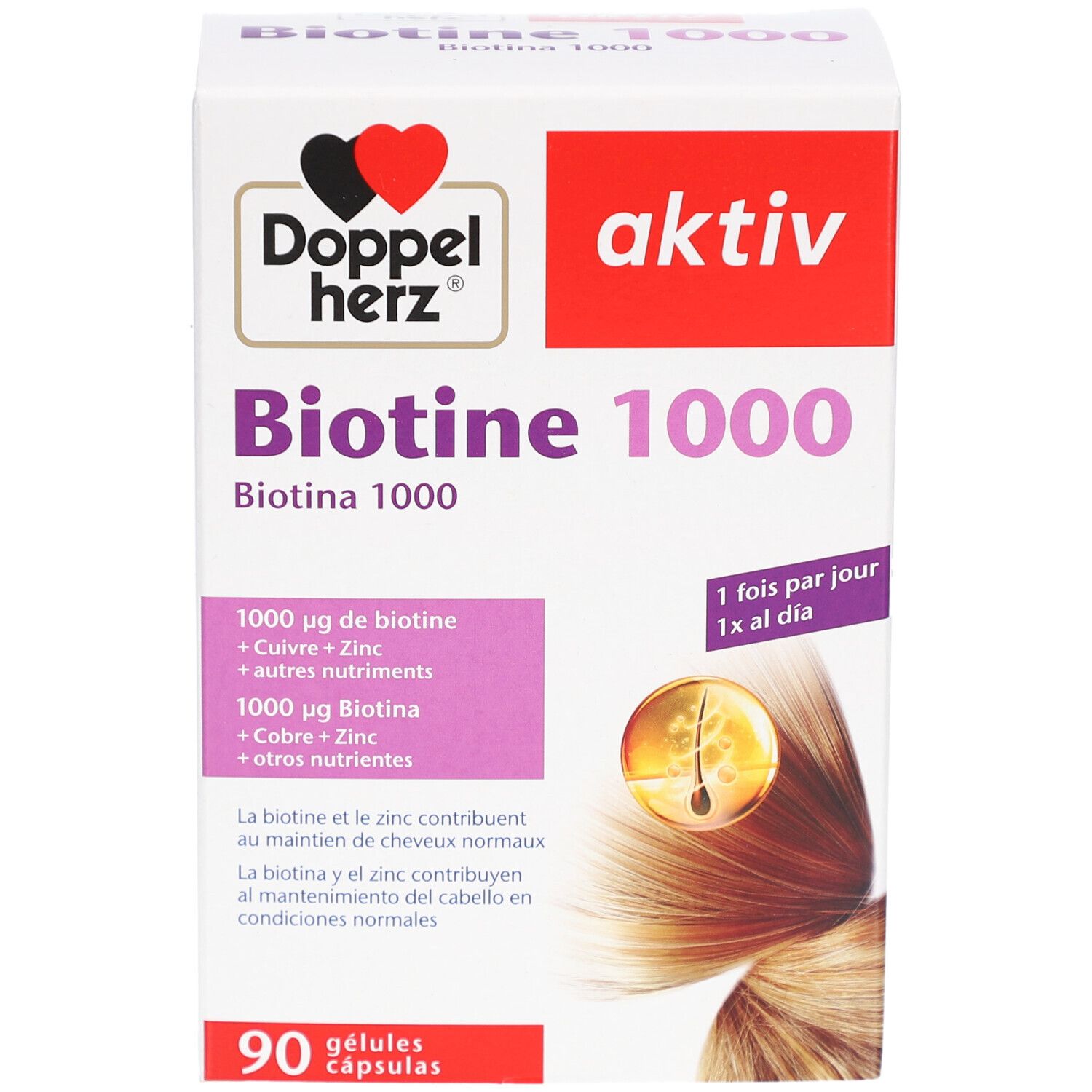Boîte blanche Biotine 1000. Logo Doppelherz. Contient 90 gélules. Inscription: 1000 µg biotine, cuivre, zinc.