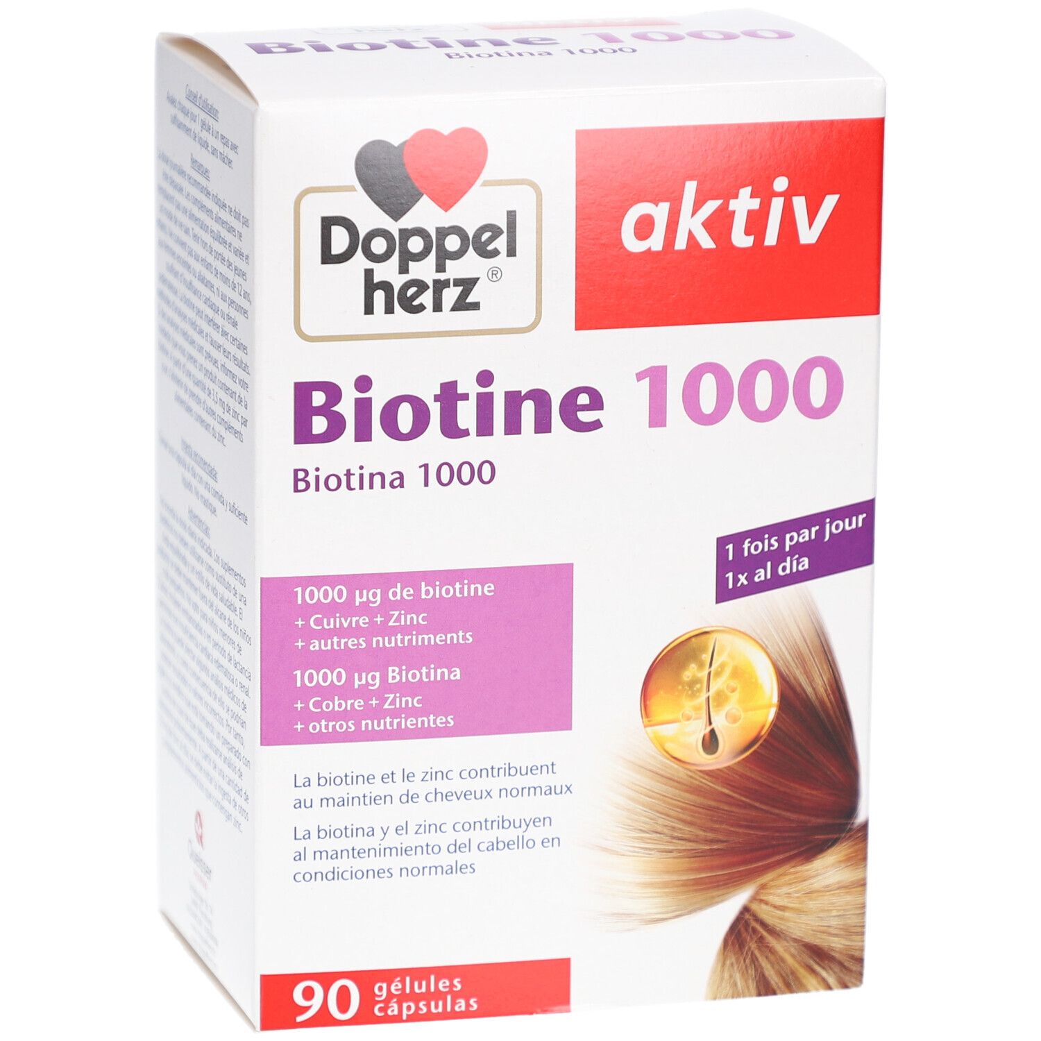 Boîte blanche Biotine 1000. Logo Doppelherz. Contient 90 gélules. Inscription: 1000 µg biotine, cuivre, zinc.