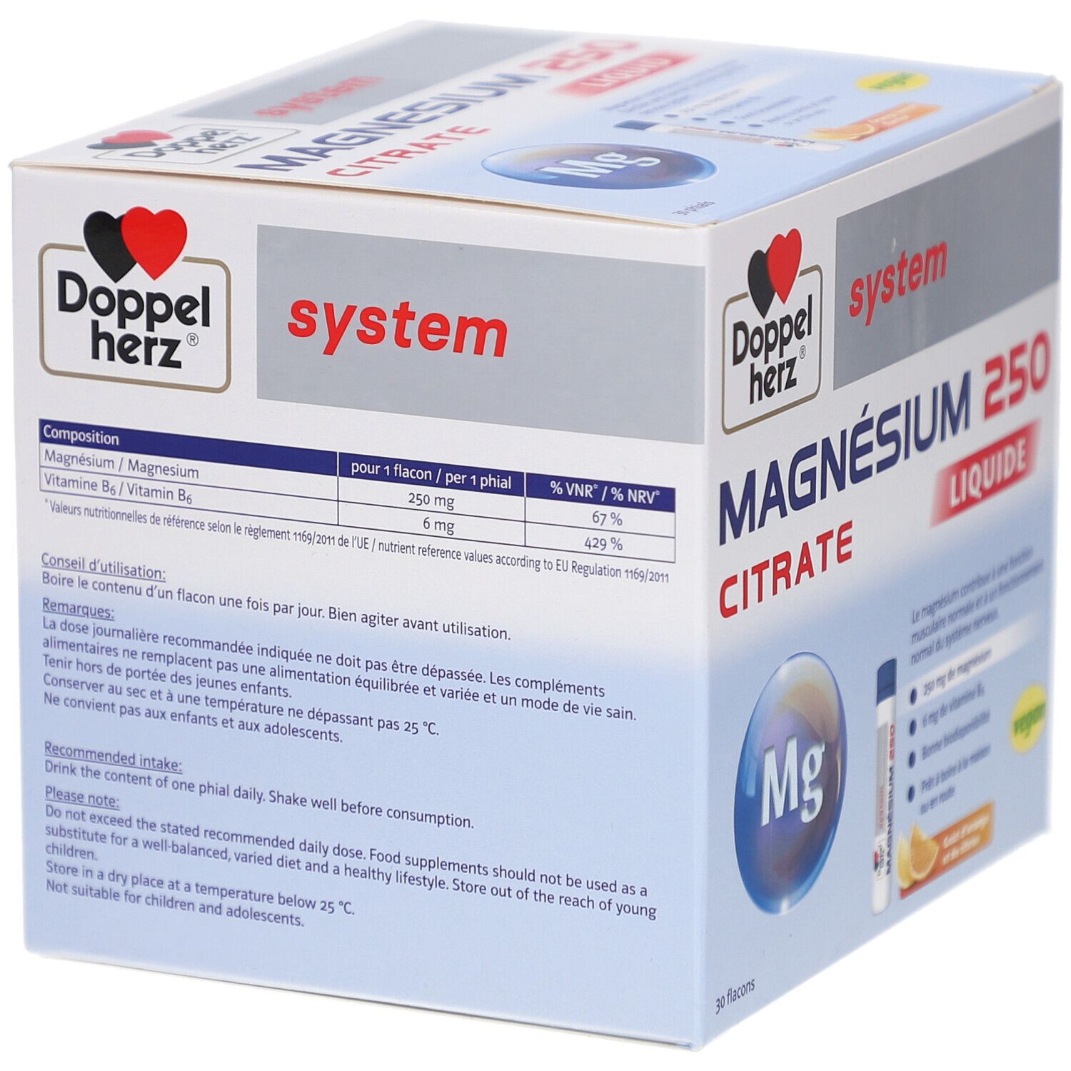 Boîte de DH sys Magnesium 250 CITRATE Liquide. Détails nutritionnels et instructions d'utilisation. Avec logo.