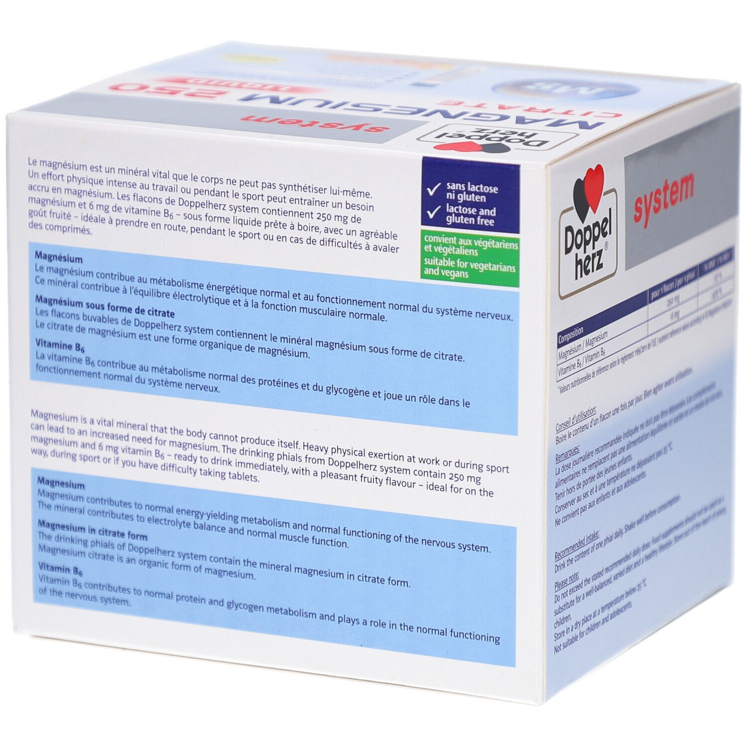 Boîte de DH sys Magnesium 250 CITRATE Liquide. Informations sur les ingrédients et les avantages. Avec logo.