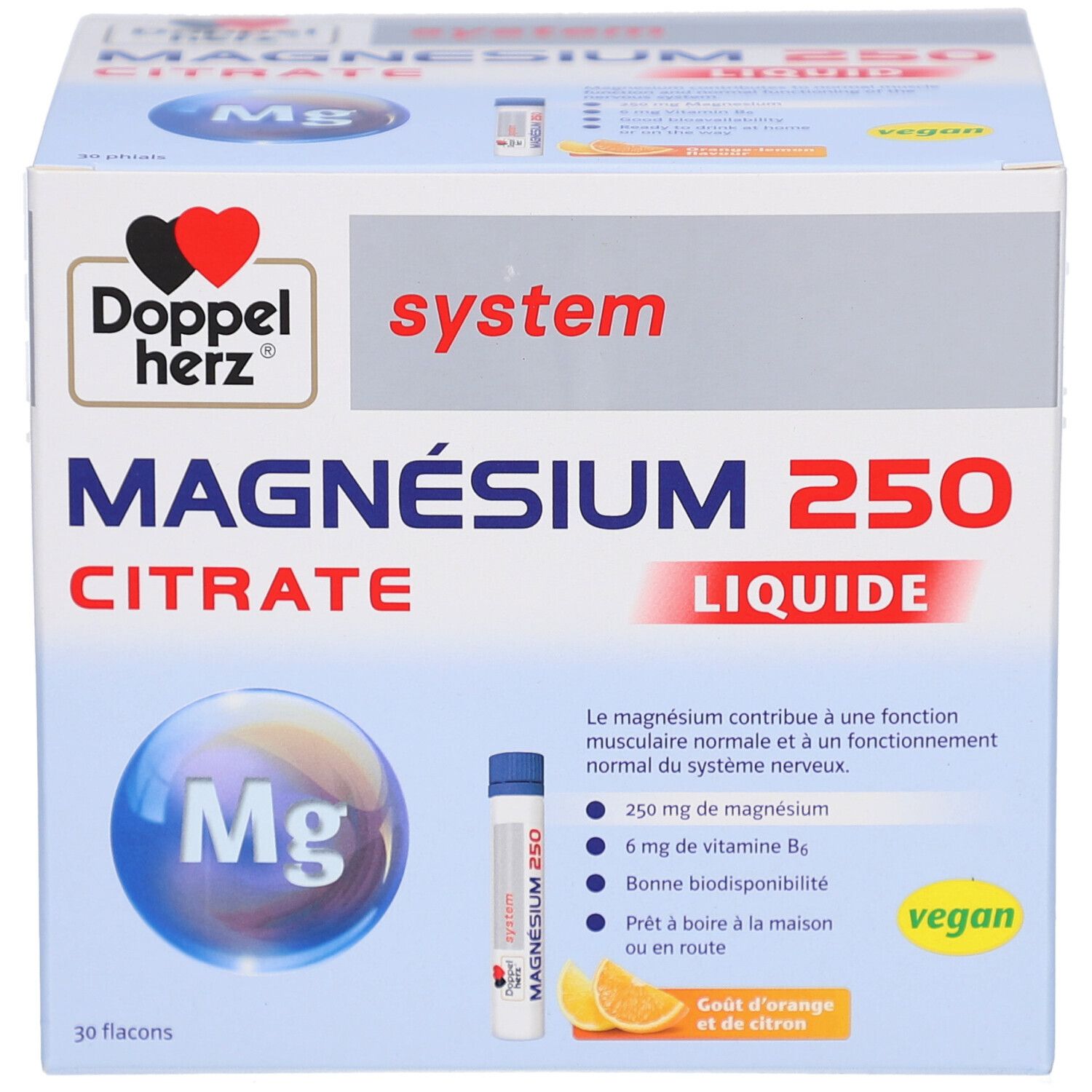 Boîte de DH sys Magnesium 250 CITRATE Liquide. Nom du produit, logo et flacon. Contient 30 flacons.