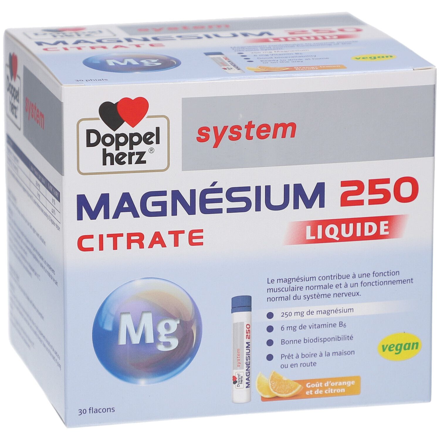 Boîte de DH sys Magnesium 250 CITRATE Liquide. Nom du produit, logo et flacon. Contient 30 flacons.