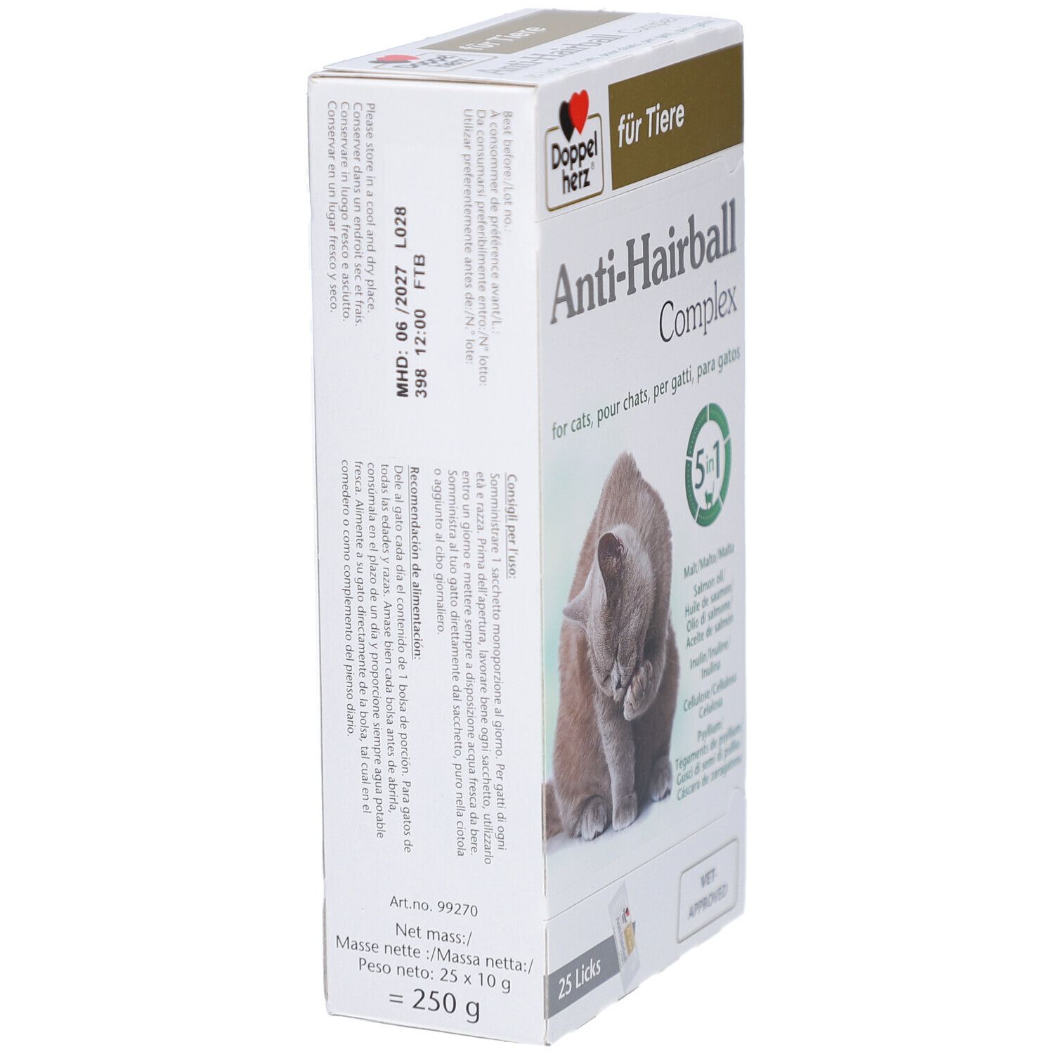 Vue latérale de l'emballage Anti-Hairball Complex. Contient 25 friandises. Logo Doppelherz. Texte et ingrédients.