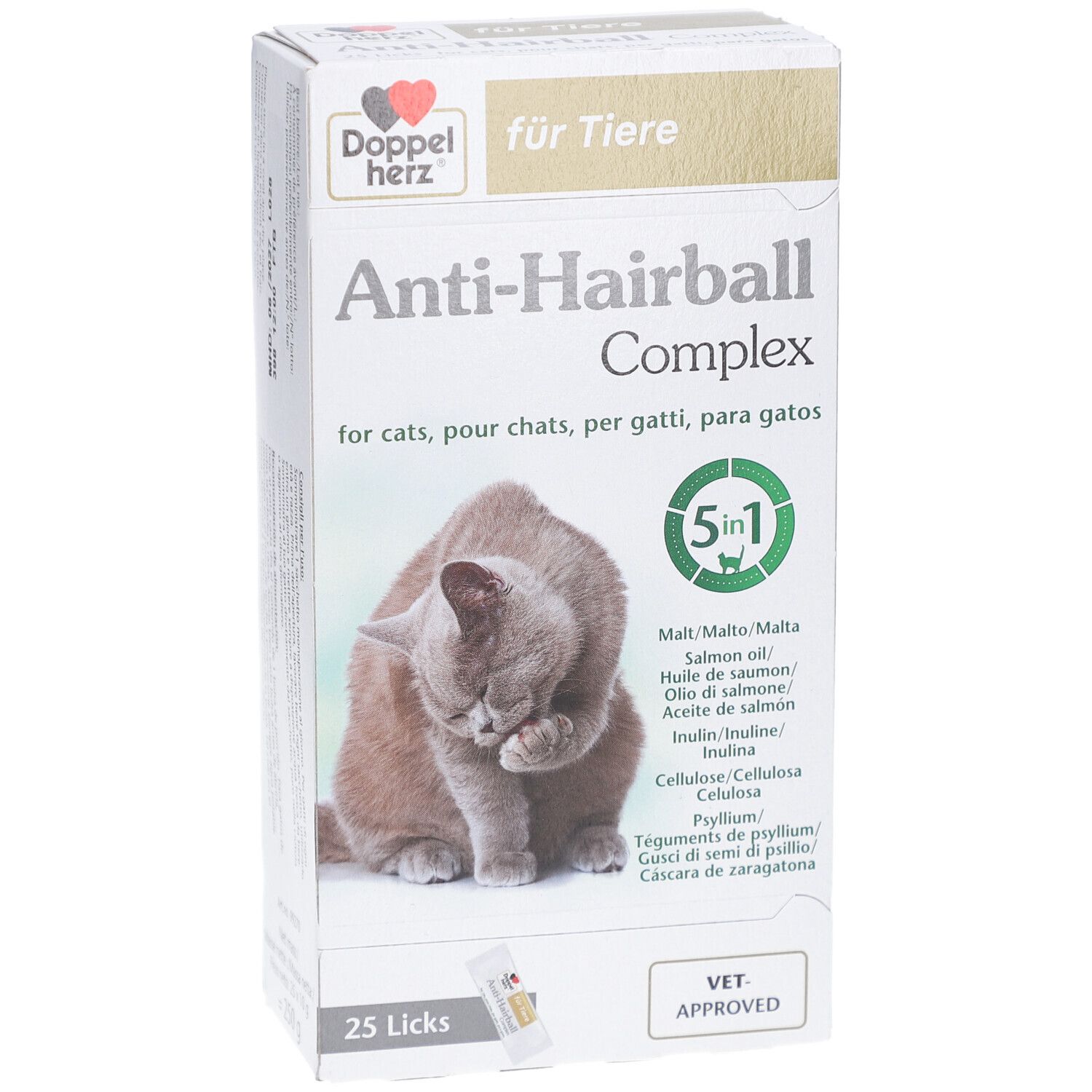 Boîte de Anti-Hairball Complex. Contient 25 friandises. Image d'un chat. Logo Doppelherz.