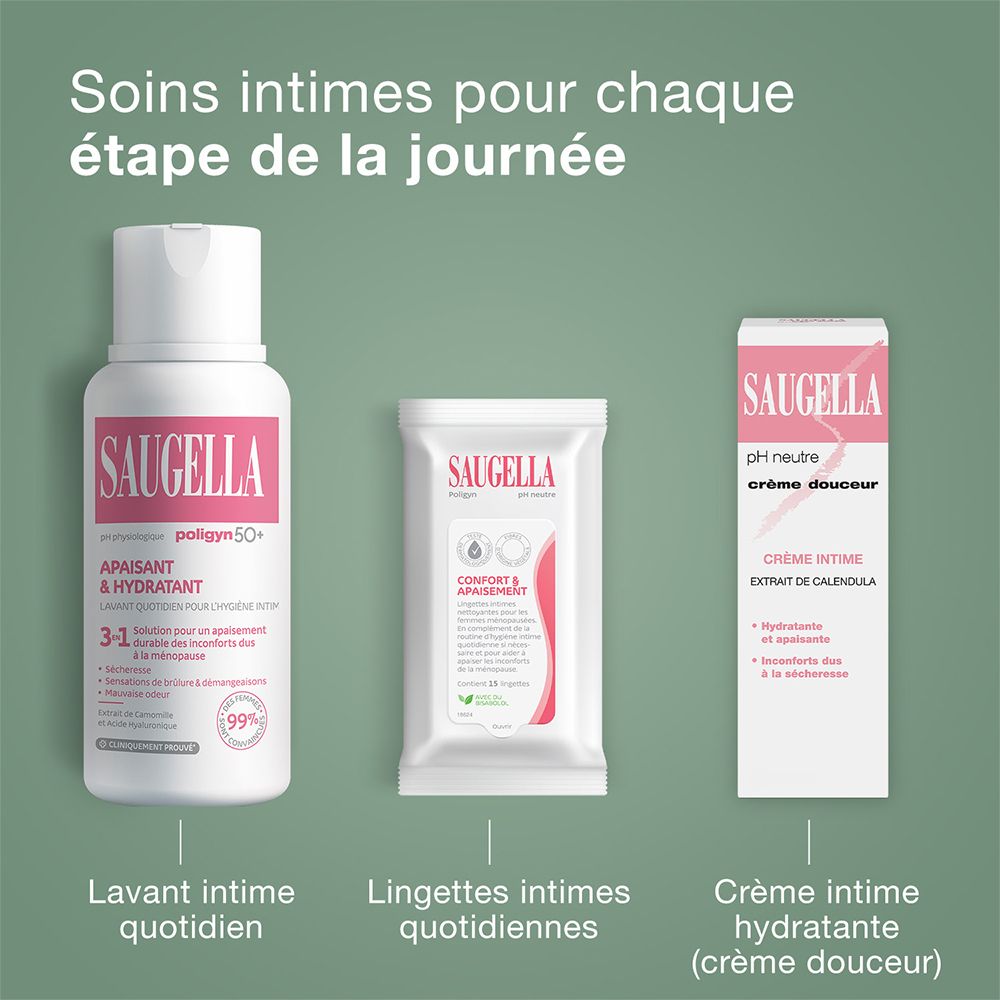 Produits SAUGELLA : gel lavant, lingettes, crème. Pour chaque moment de la journée. Soins intimes.