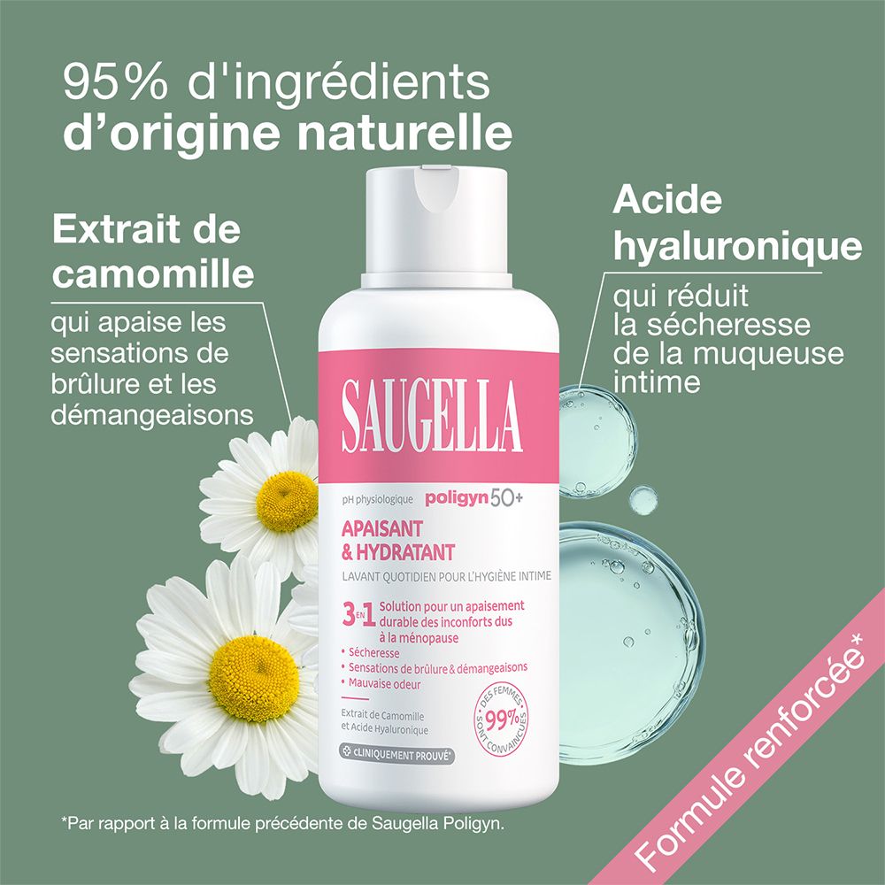 Flacon SAUGELLA, poligyn 50+. 95% ingrédients naturels. Extrait de camomille, acide hyaluronique. Formule renforcée.