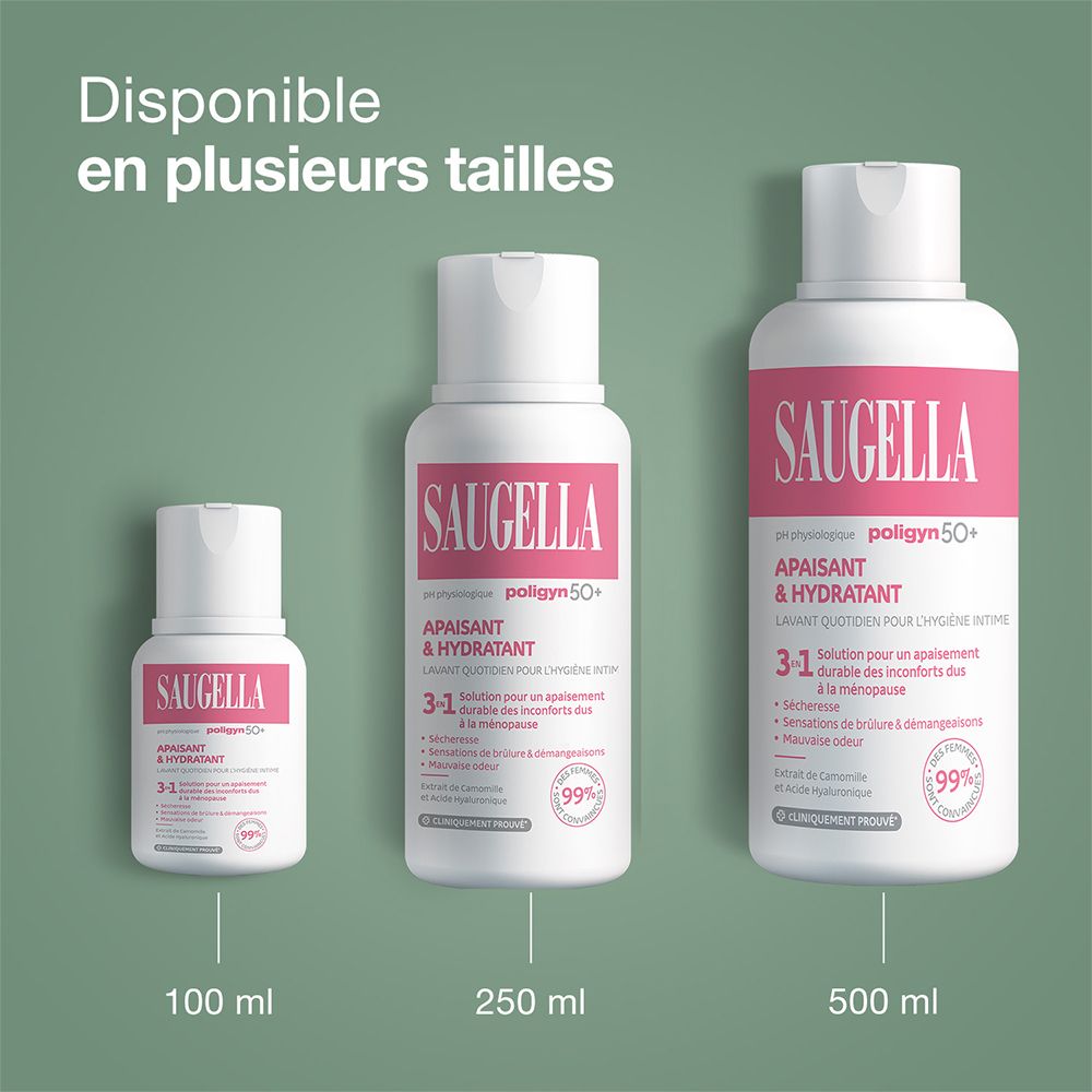 Trois flacons SAUGELLA. 100 ml, 250 ml, 500 ml. SAUGELLA poligyn 50+. Apaisant & hydratant.