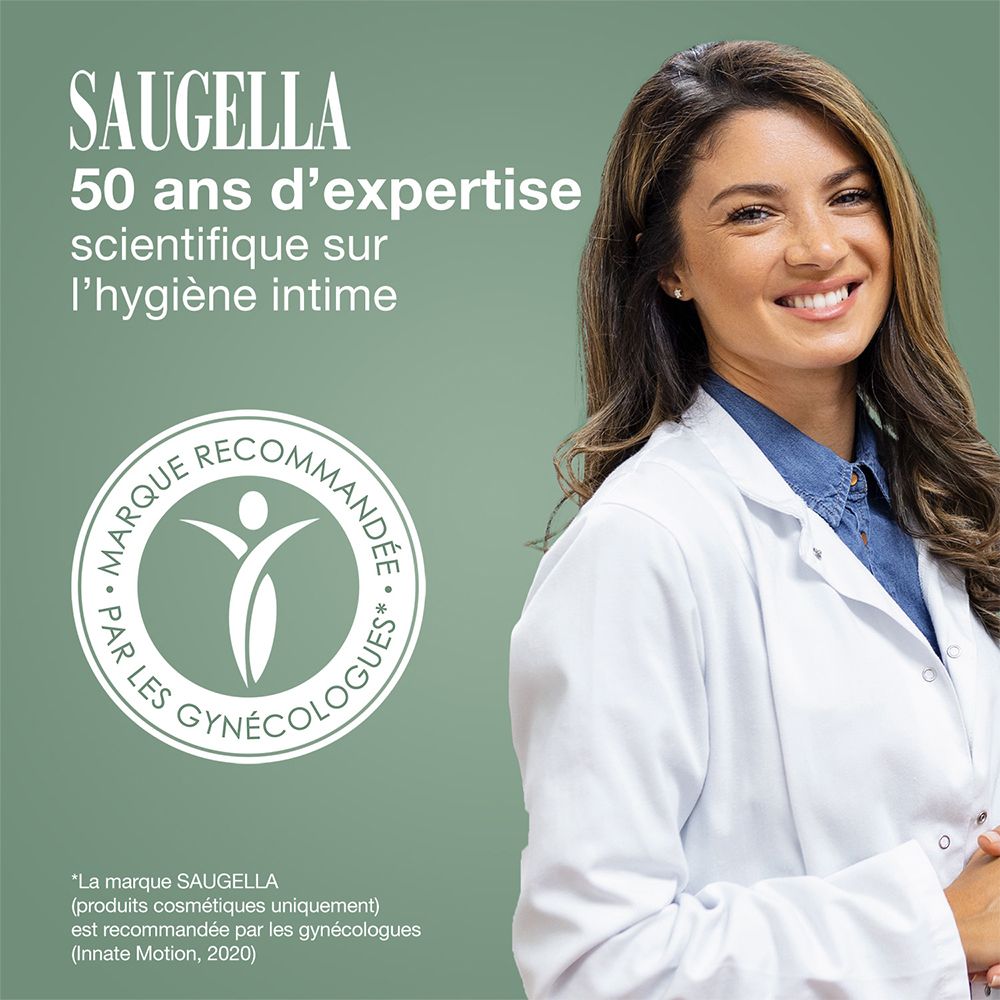 Femme en blouse blanche, souriante. Logo : « Marque recommandée par les gynécologues ». Fond vert.