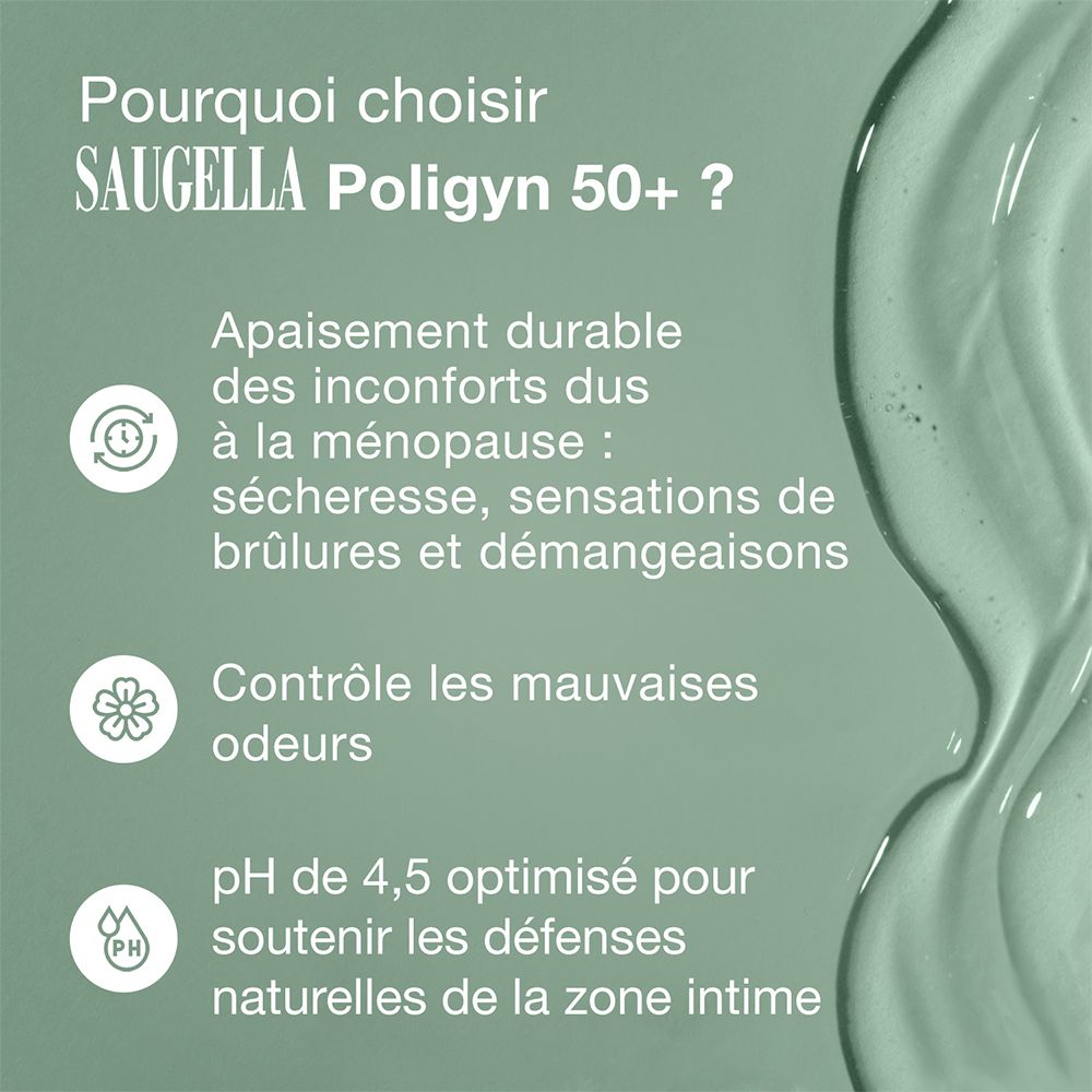 Texte sur fond vert : Pourquoi choisir Saugella Poligyn 50+ ? Soulage, contrôle les odeurs, pH 4,5.