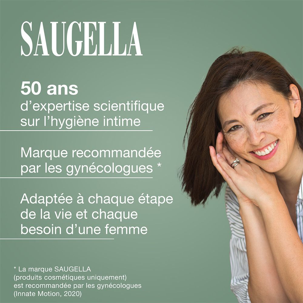 Femme souriante. Texte : Saugella, 50 ans d'expérience, recommandé par les gynécologues. Fond vert.