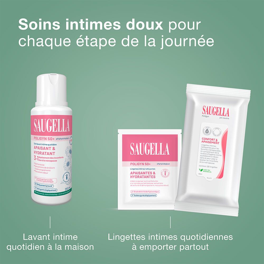 Saugella soins intimes : liquide lavant, lingette unidose et lingettes.