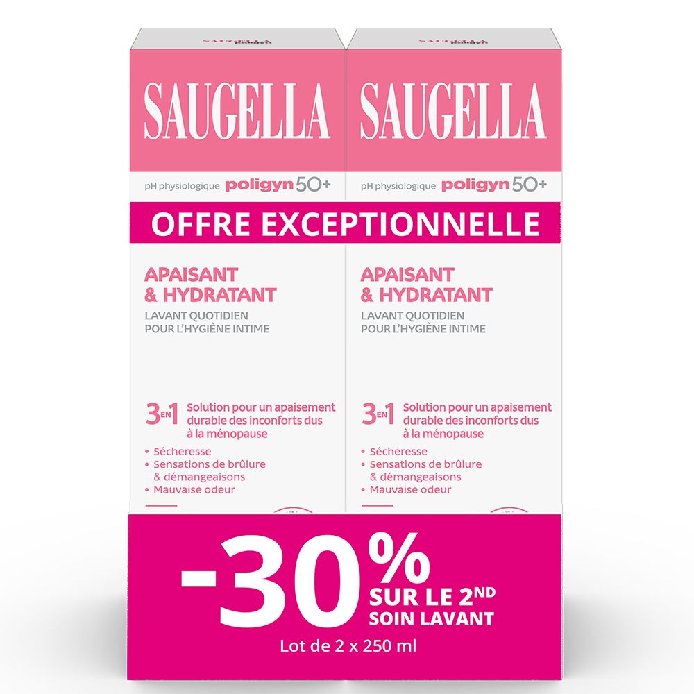 Pack de deux Saugella Polygyn 50+. Design rose et blanc. Texte : « Offre Exceptionnelle » et « -30% ».