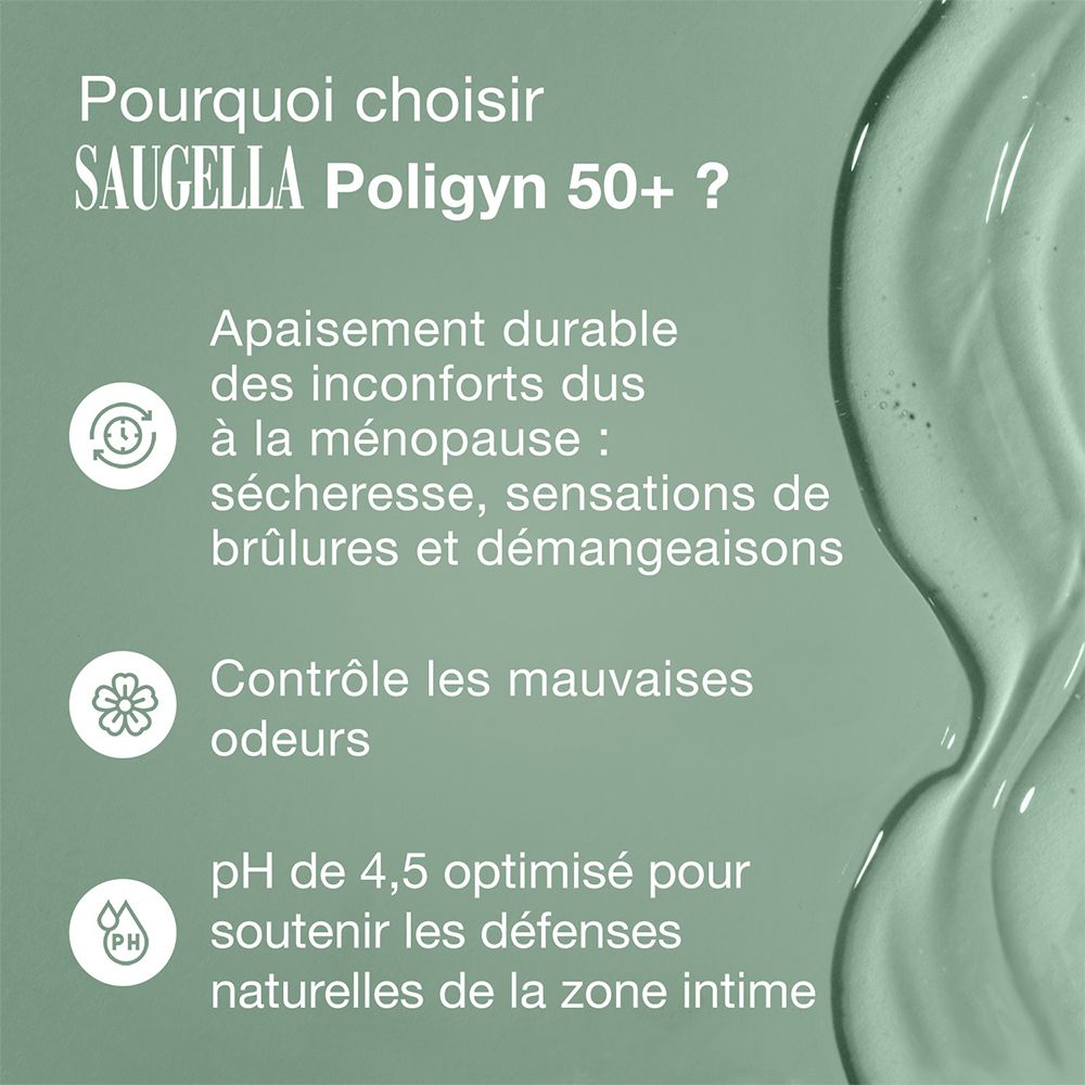 Infographie : SAUGELLA Poligyn 50+ Apaisant & Hydratant. Avantages pour la ménopause.