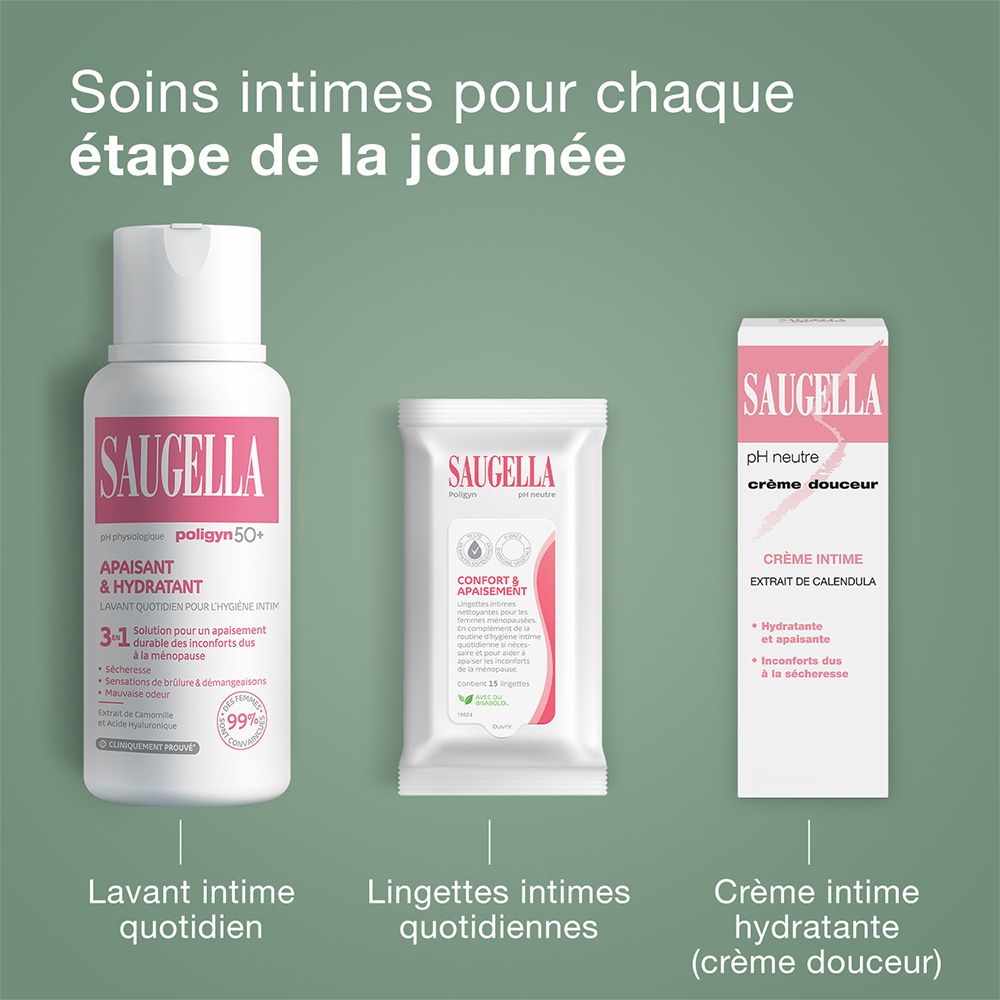 Trois produits de soin intime. SAUGELLA, lingettes, crème. Pour chaque étape.