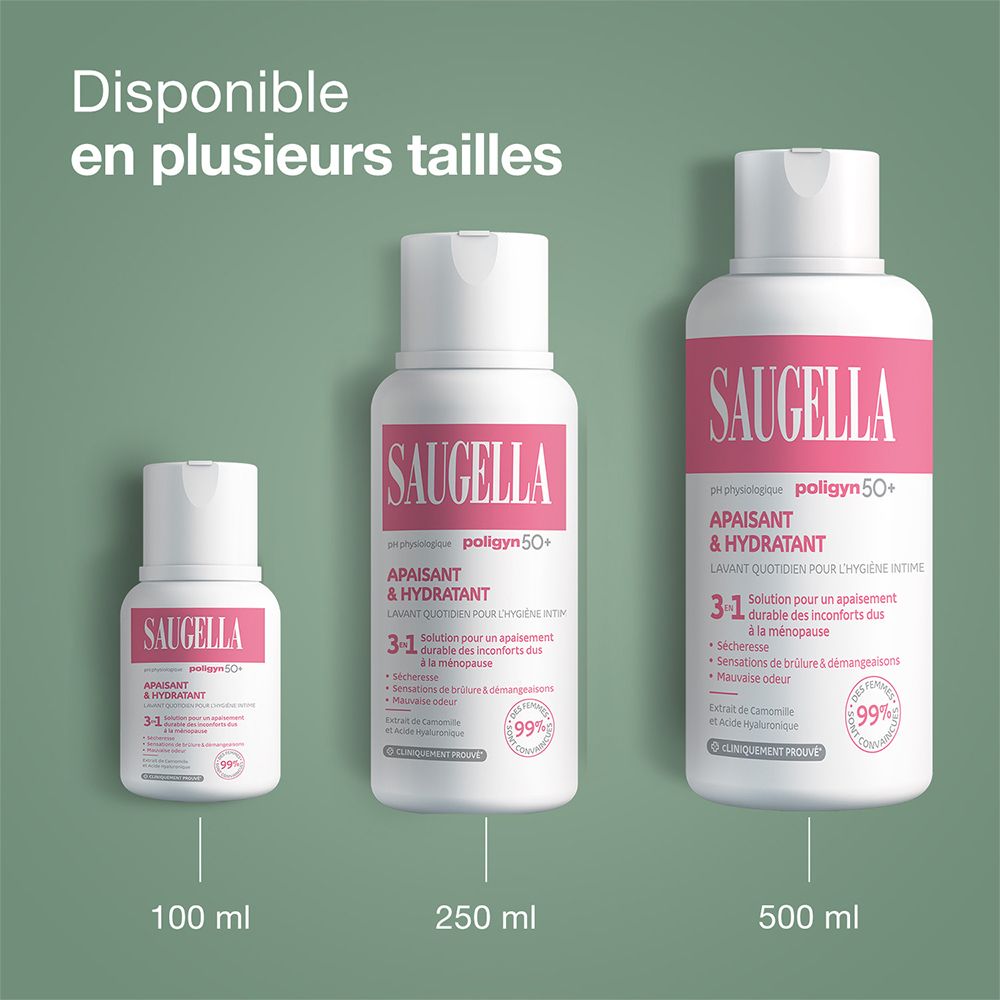Trois flacons SAUGELLA Poligyn 50+. 100ml, 250ml, 500ml. Soin intime.