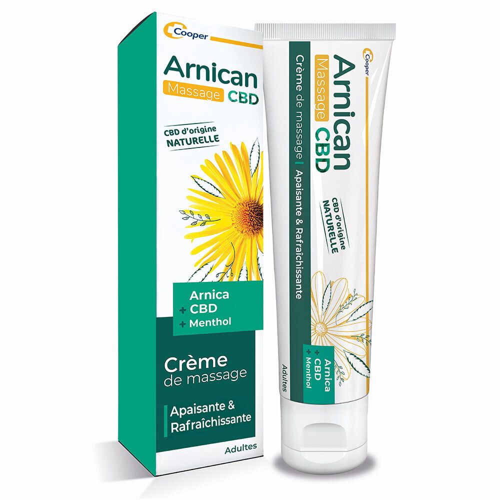 Tube et boîte de crème. Inscription: Arnicam Massage CBD. Avec Arnica, CBD et Menthol. Crème pour adultes.