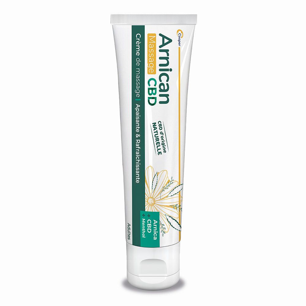 Tube de crème. Inscription: Arnicam Massage CBD. Avec Arnica, CBD et Menthol. Crème pour adultes.