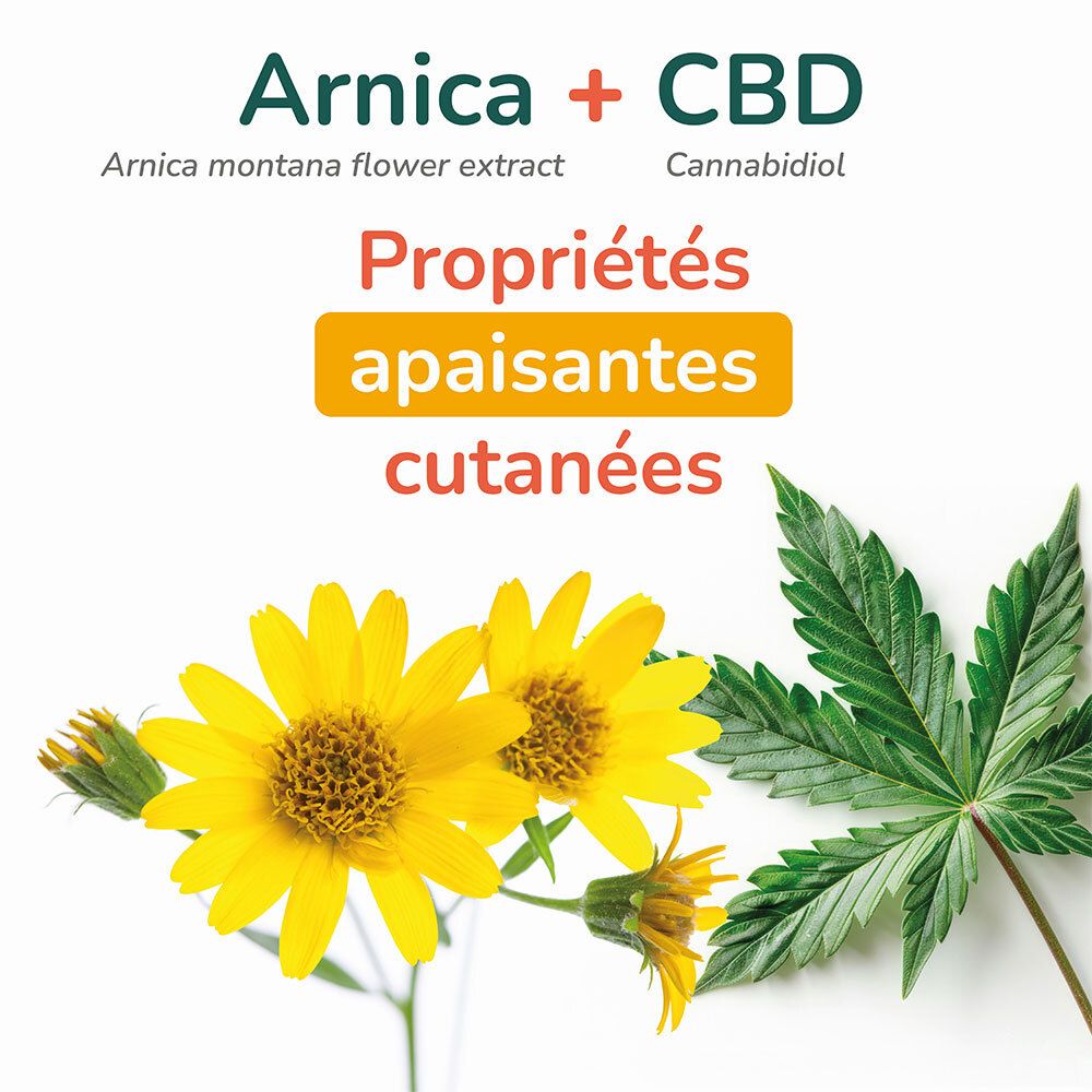 Graphique avec texte: Arnica + CBD. Propriétés apaisantes cutanées. Fleurs jaunes et feuille verte.