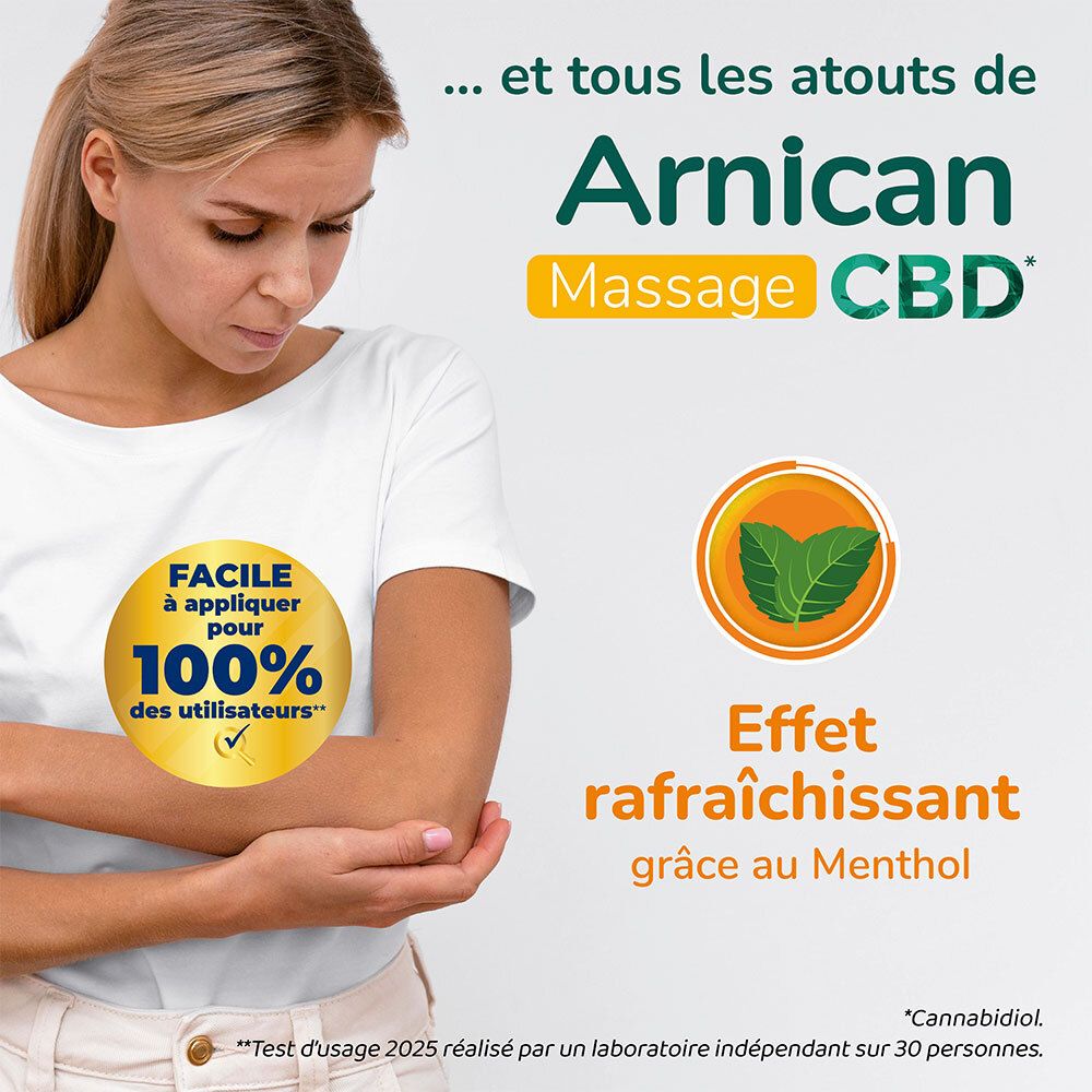 Femme avec bras. Inscription: Arnicam Massage CBD. 100% des utilisateurs. Effet rafraîchissant grâce au menthol.