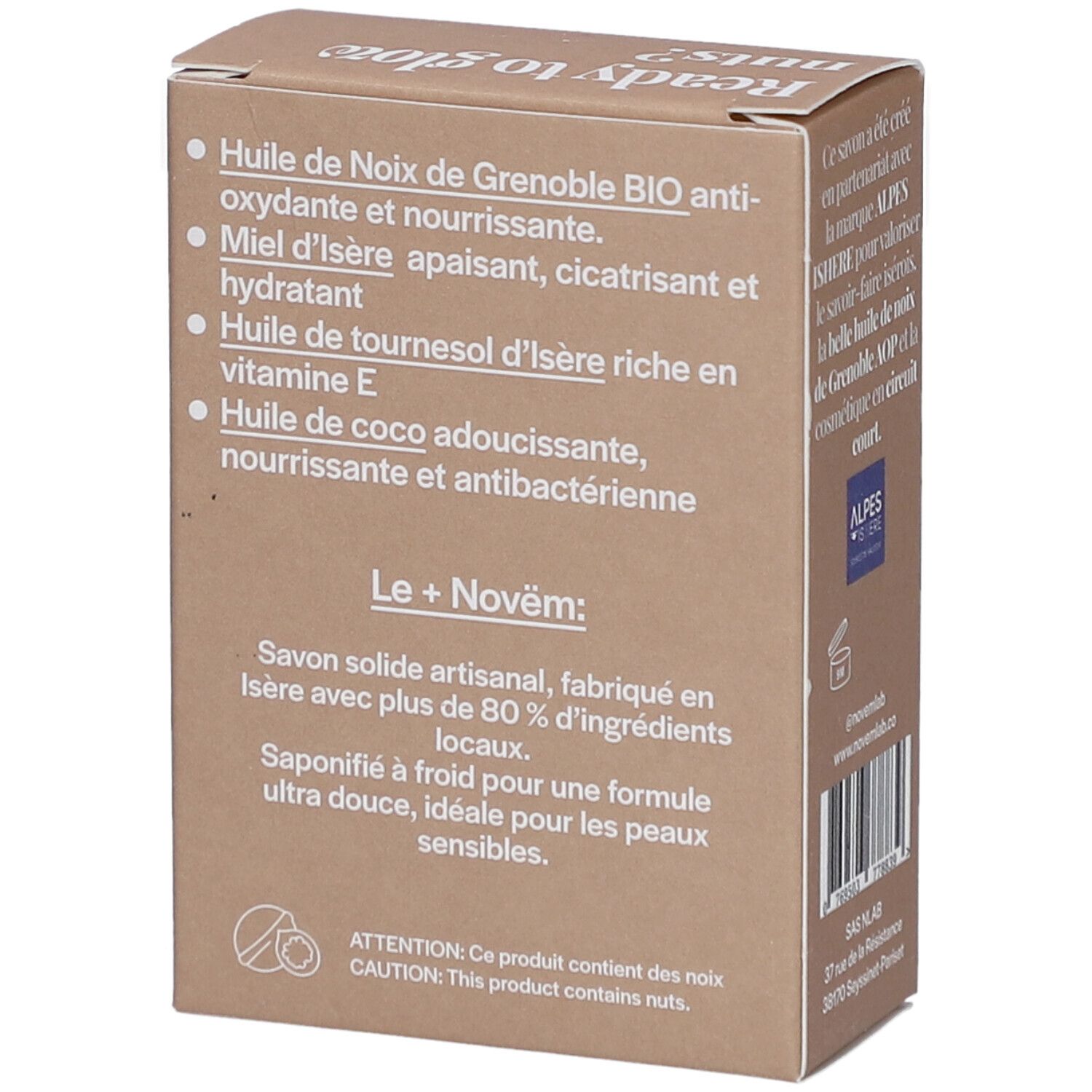 Boîte en carton marron avec ingrédients et informations produit. Inscriptions: Huile de Noix de Grenoble BIO, Miel d'Isère, Huile de tournesol, Huile de coco.