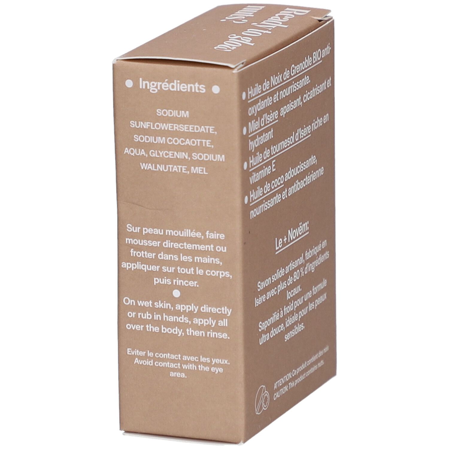 Boîte en carton marron avec ingrédients et instructions d'utilisation. Inscriptions: Ingredients, Sodium, Aqua, Glycerin, Sodium Walnutate, Mel.