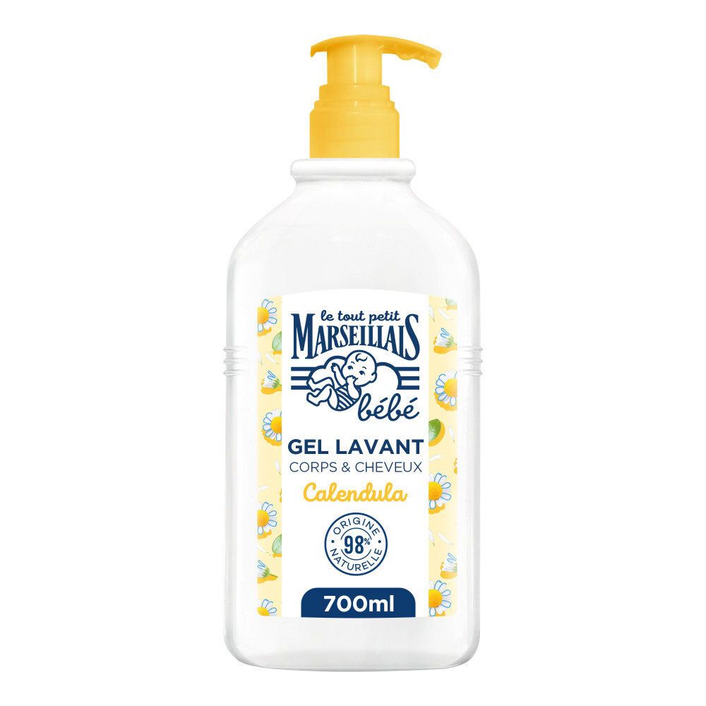Flacon blanc avec pompe jaune. Étiquette avec logo, nom du produit et ingrédients. 700ml.