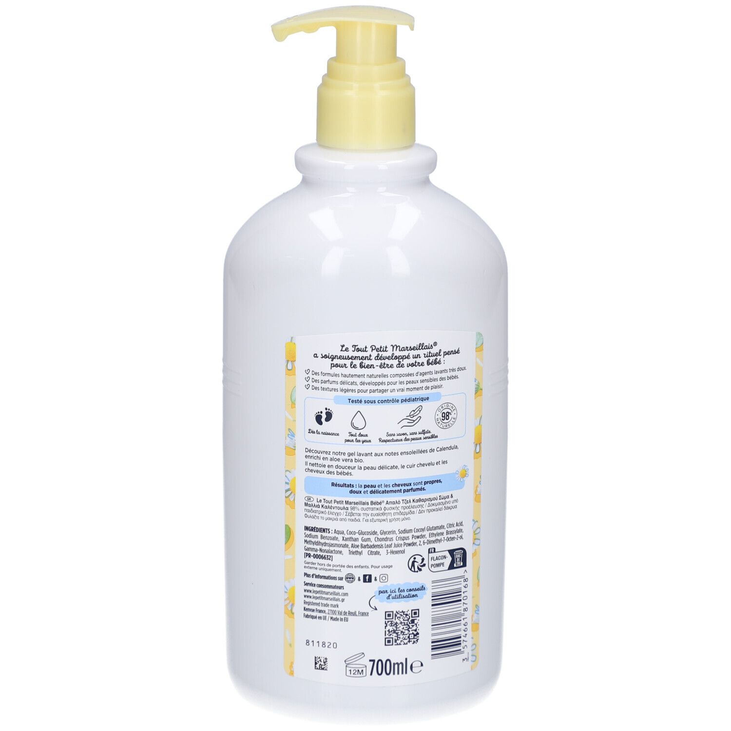 Dos du flacon blanc avec pompe jaune. Étiquette avec informations produit et logo. Texte: Calendula, 700ml.