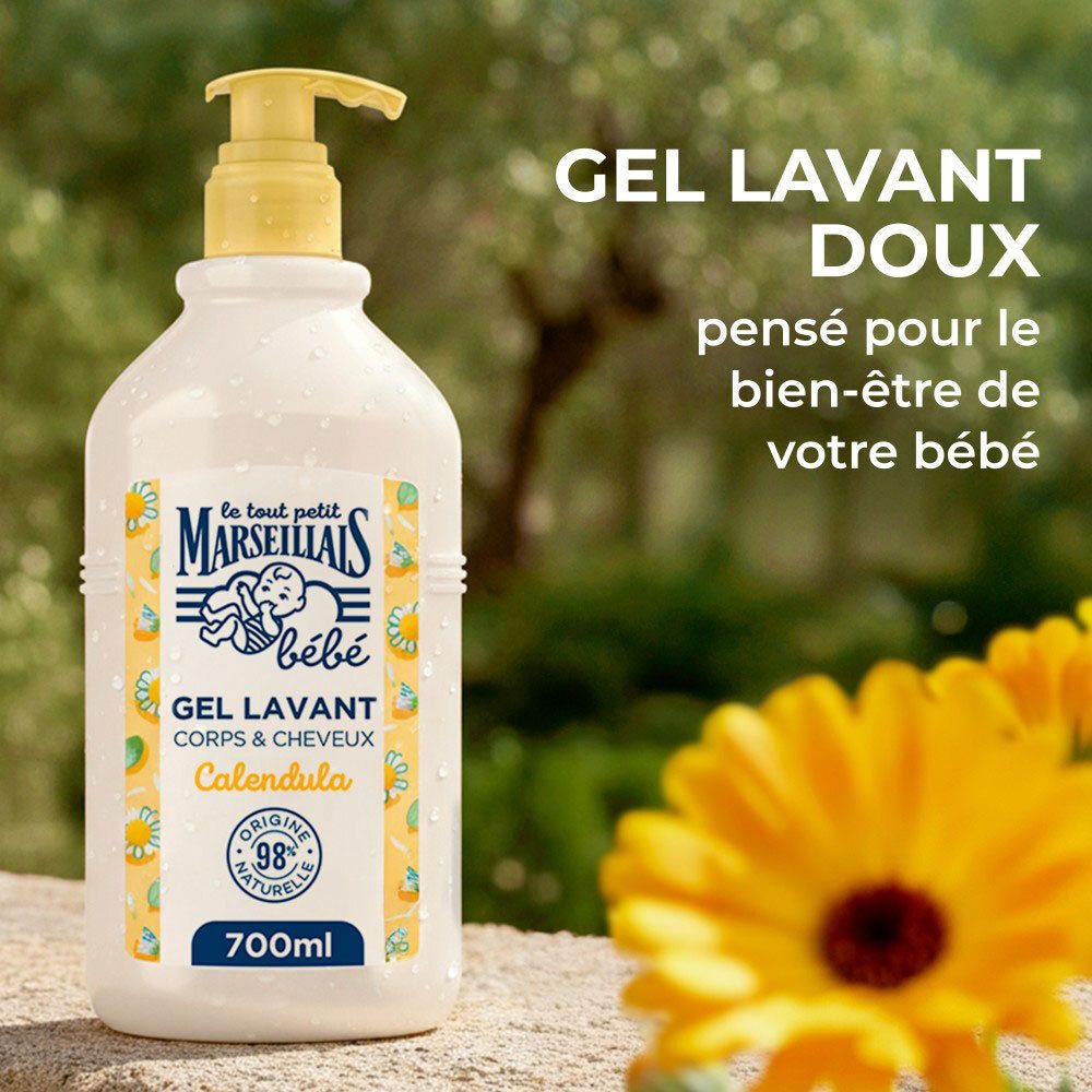 Flacon blanc avec pompe jaune. Nom du produit et ingrédients. Fleurs jaunes en arrière-plan.