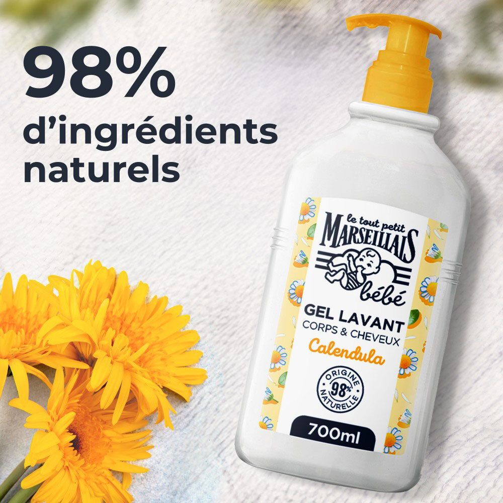 Flacon blanc avec pompe jaune. Texte : 98% d'ingrédients naturels. Fleurs jaunes.