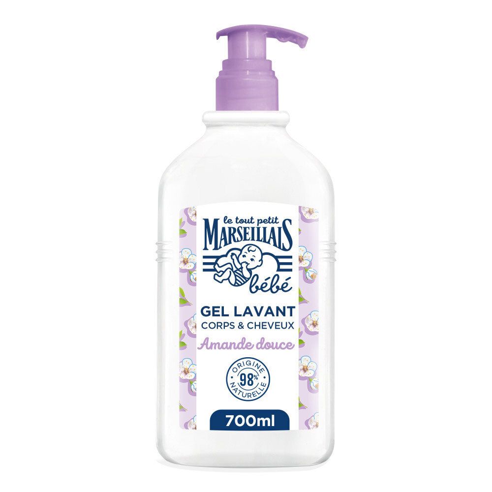 Flacon de gel lavant blanc avec pompe violette. Inscription: LE TOUT PETIT MARSEILLAIS bébé, Gel Lavant Corps & Cheveux, Amande douce, 98% naturel, 700ml.