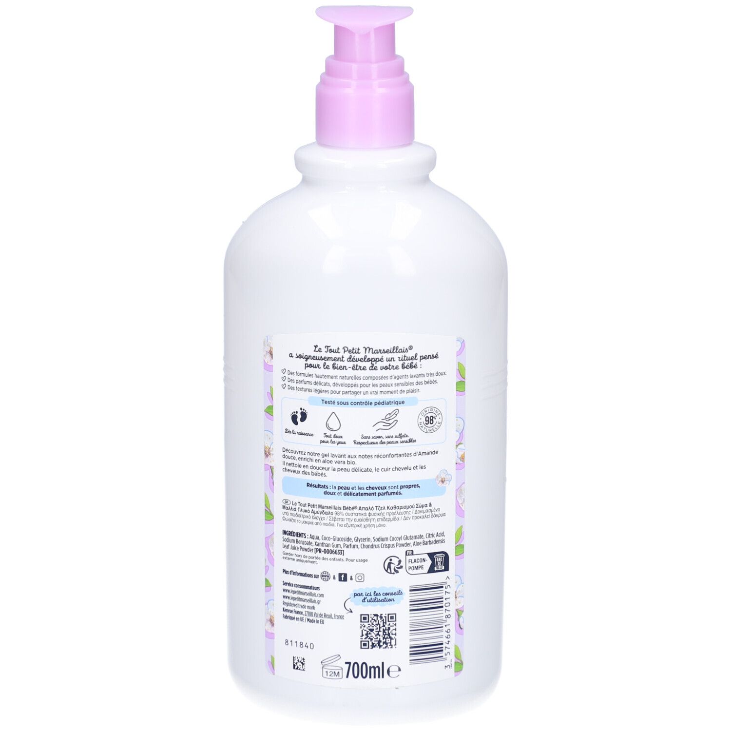 Dos du flacon blanc avec pompe rose. Étiquette avec texte et pictogrammes. Texte: Gel Lavant Doux, 700ml.