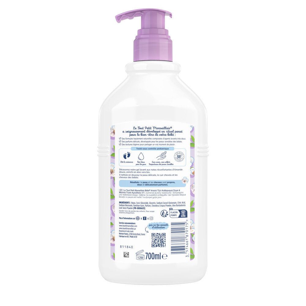 Dos du flacon de gel lavant. Texte: LE TOUT PETIT MARSEILLAIS, informations d'utilisation, ingrédients, symbole de recyclage, 700ml.
