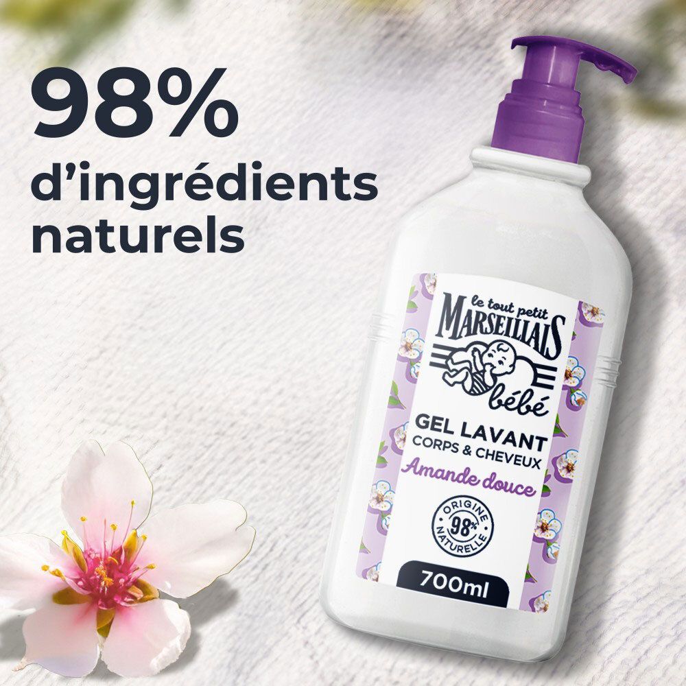 Flacon de gel lavant avec pompe violette. Texte: 98% d'ingrédients naturels.