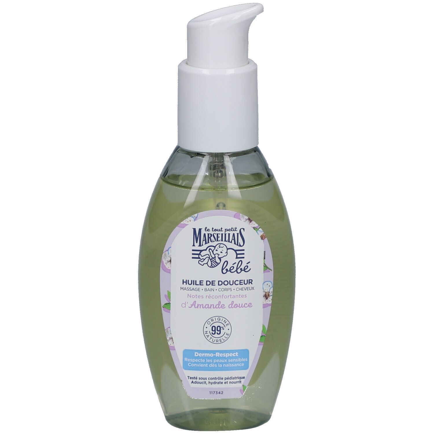 Flacon pompe. Inscription: "Le Petit Marseillais bébé Huile de douceur". Étiquette avec éléments floraux et certification.