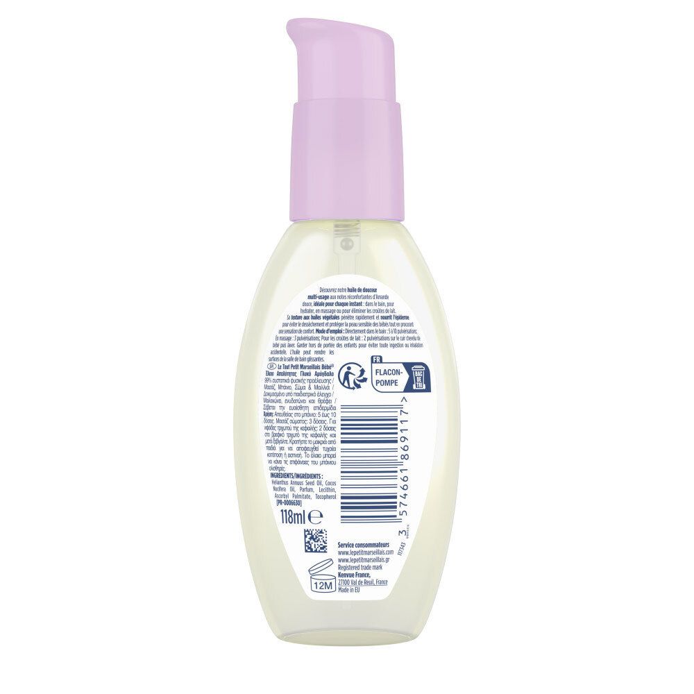 Bouteille avec étiquette produit. Dos avec texte et code-barres. Nom du produit non visible.