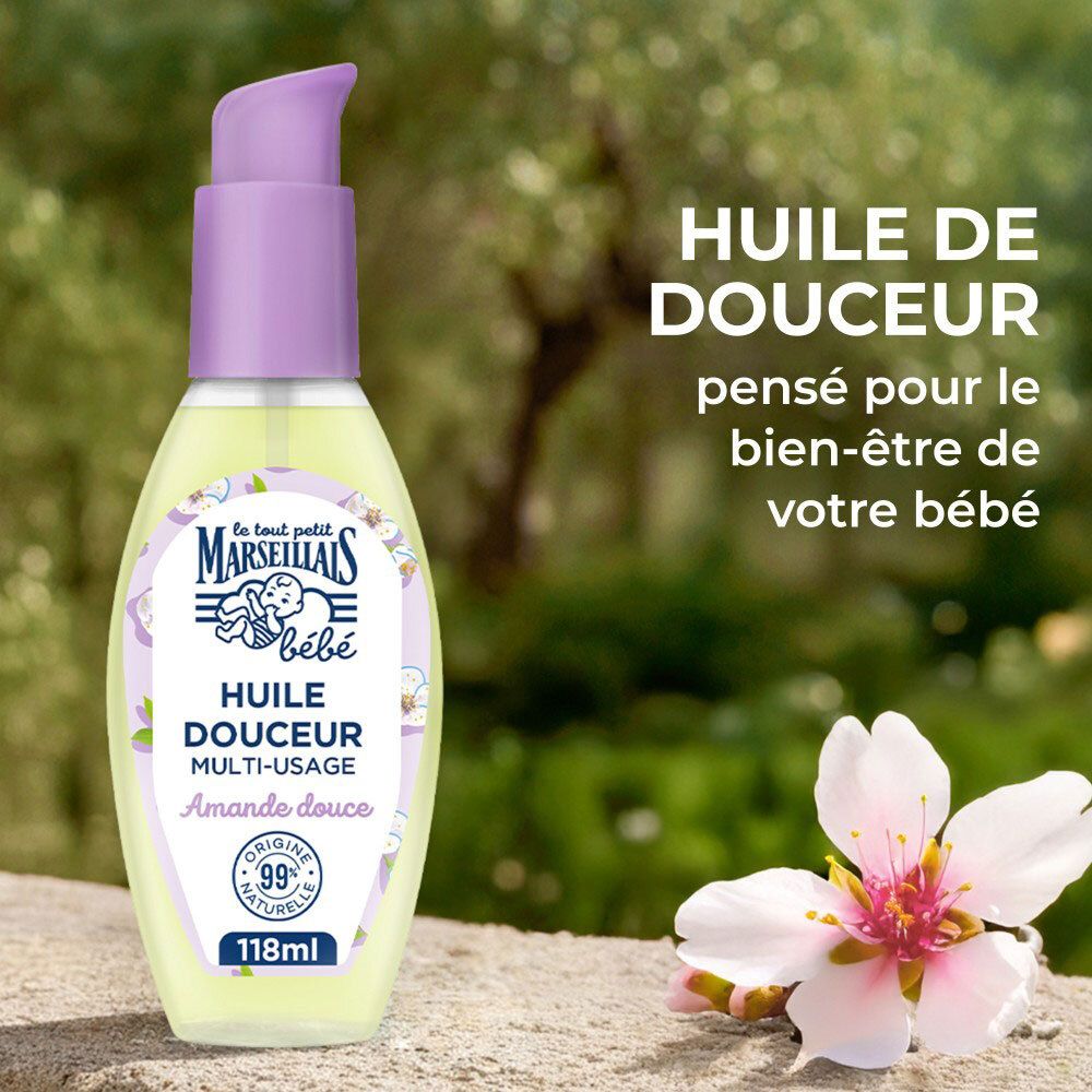 Flacon LE TOUT PETIT MARSEILLAIS Hiule de Douceur Süße Mandel. Tête de pompe violette. Texte: Huile de Douceur.