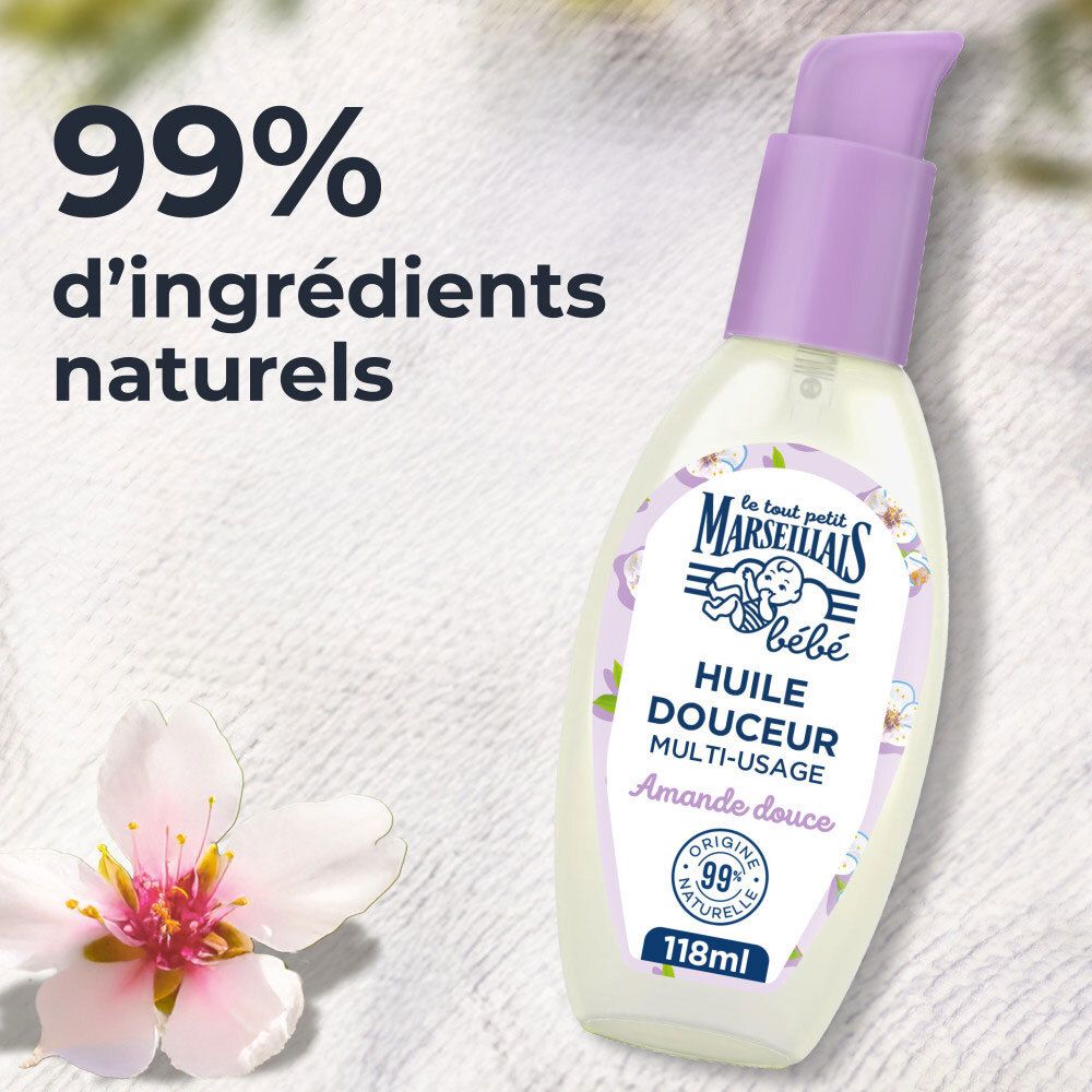 Flacon LE TOUT PETIT MARSEILLAIS Hiule de Douceur Süße Mandel. 99% d'ingrédients naturels. Tête de pompe violette.