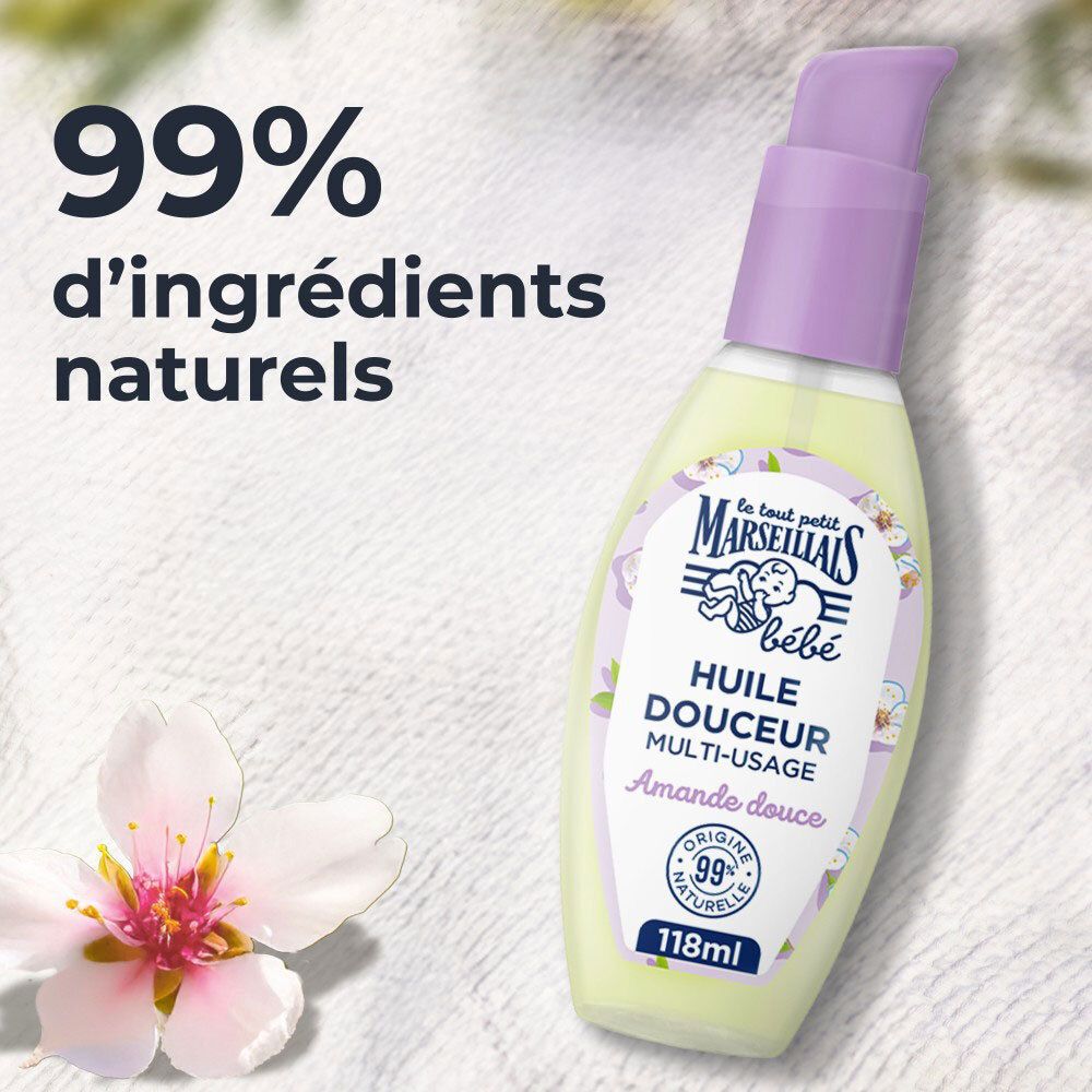 Flacon pompe, huile d'amande douce pour bébé, avec texte '99% d'ingrédients naturels'.
