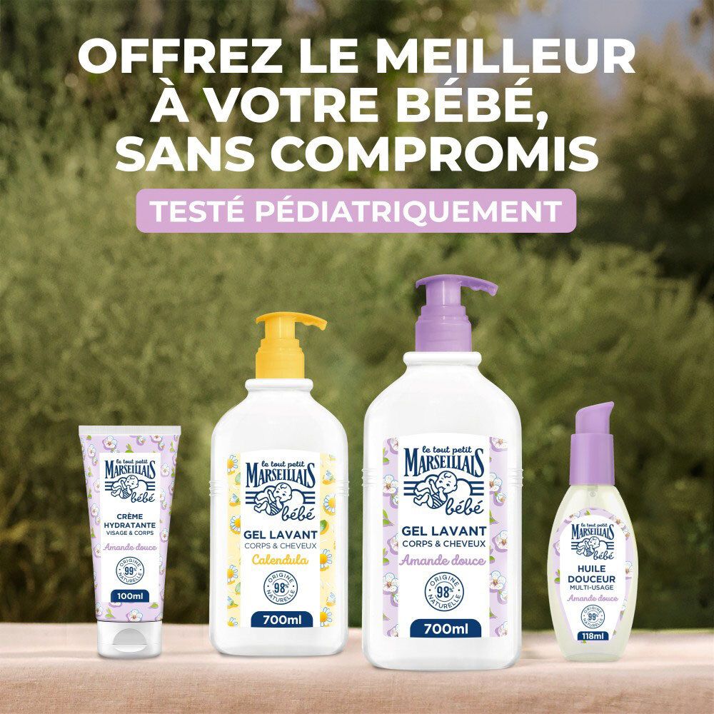Gamme de produits LE TOUT PETIT MARSEILLAIS. Crème, Gel Lavant, Huile. Texte: Testé pédiatriquement.