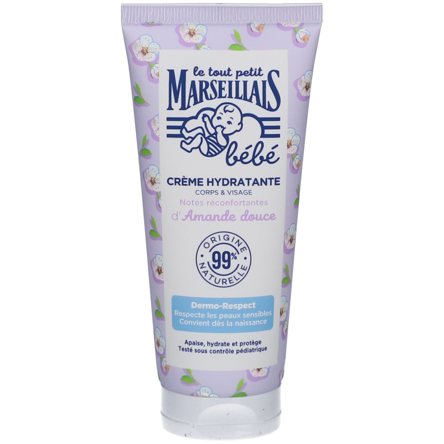 Tube de crème. Inscription: Le Petit Marseillais bébé. Crème hydratante, 99% naturelle. Dermo-Respect. Fleurs et bébé.