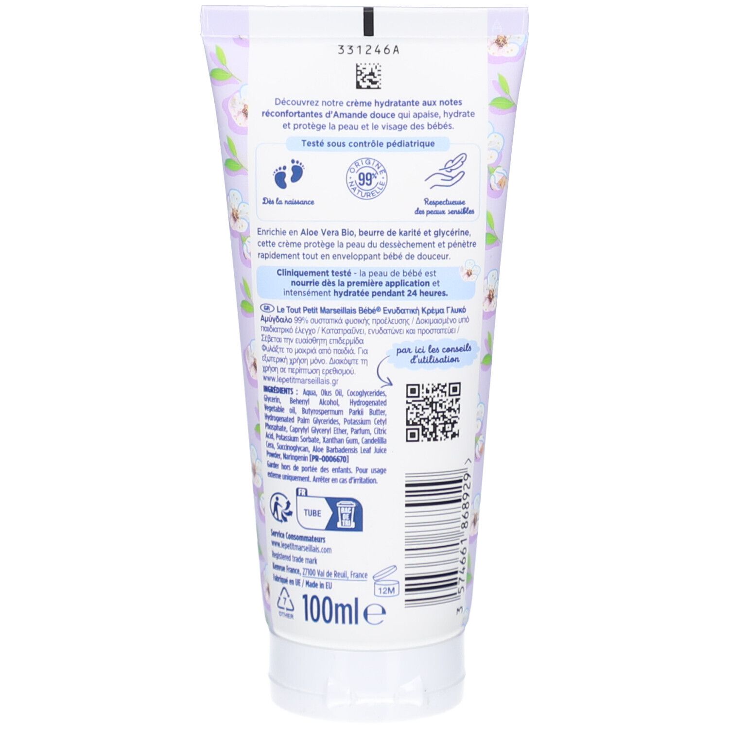 Dos du tube de crème. Texte: Le Petit Marseillais bébé. Ingrédients, QR code, 100ml. Symbole empreinte de pied.