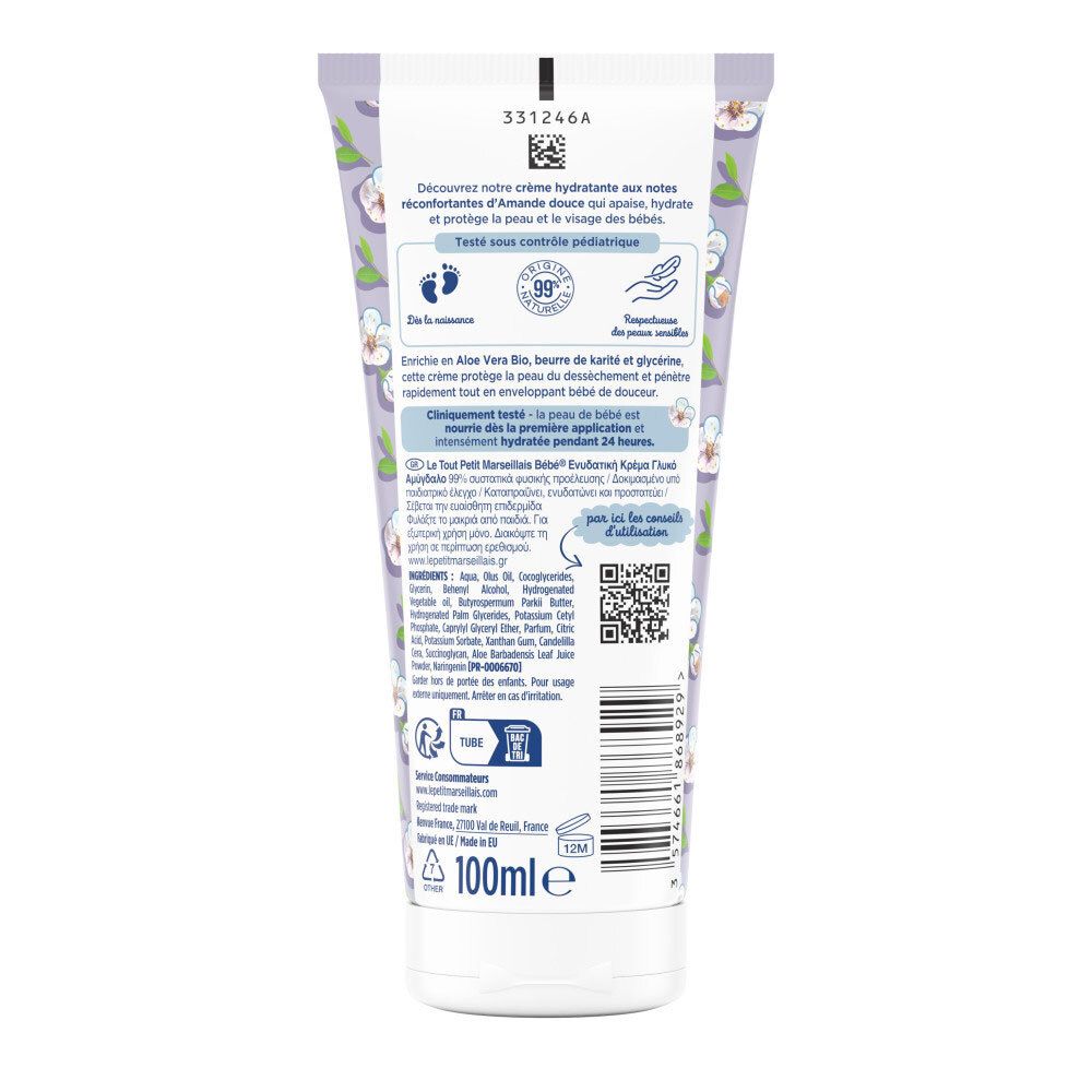 Dos du tube de crème. Texte : Crème Hydratante, 99% ingrédients naturels, testé dermatologiquement, 100ml.