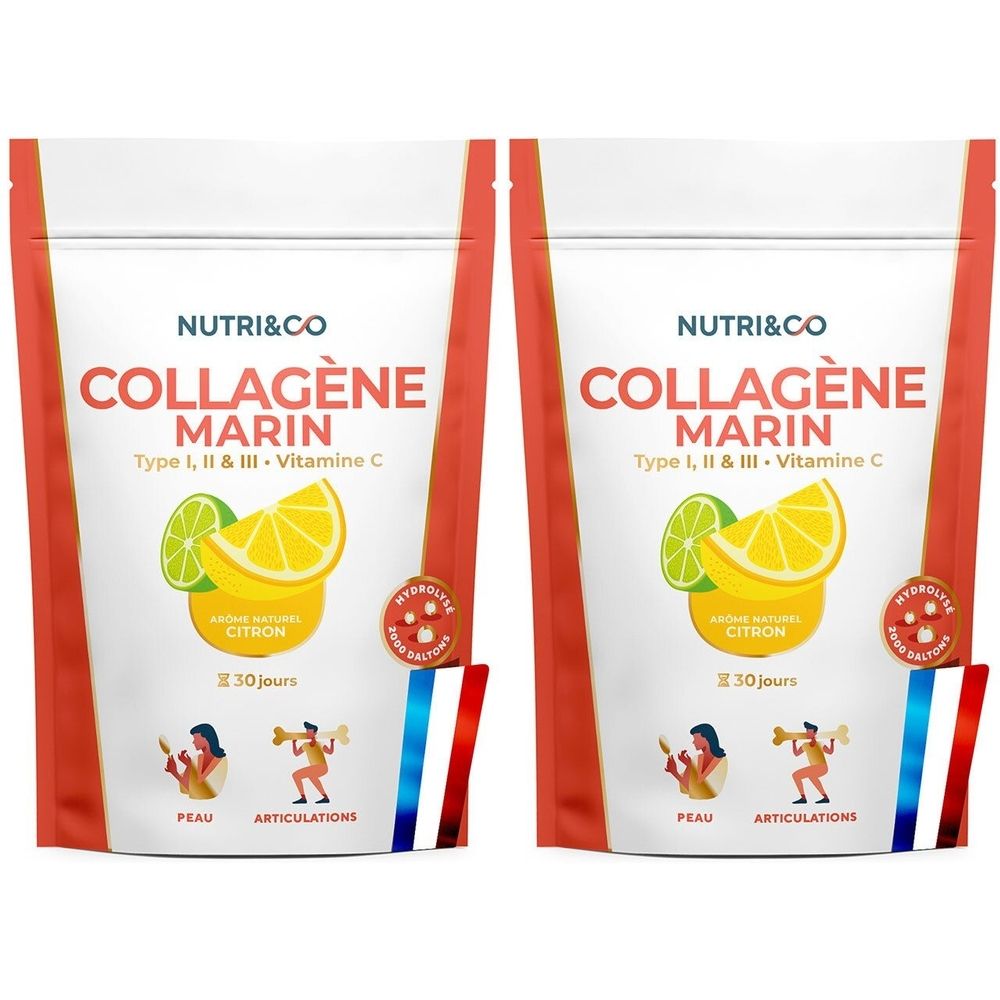 Deux sachets de COLLAGÈNE MARIN, goût citron. Contient de la vitamine C. Drapeau français en bas.