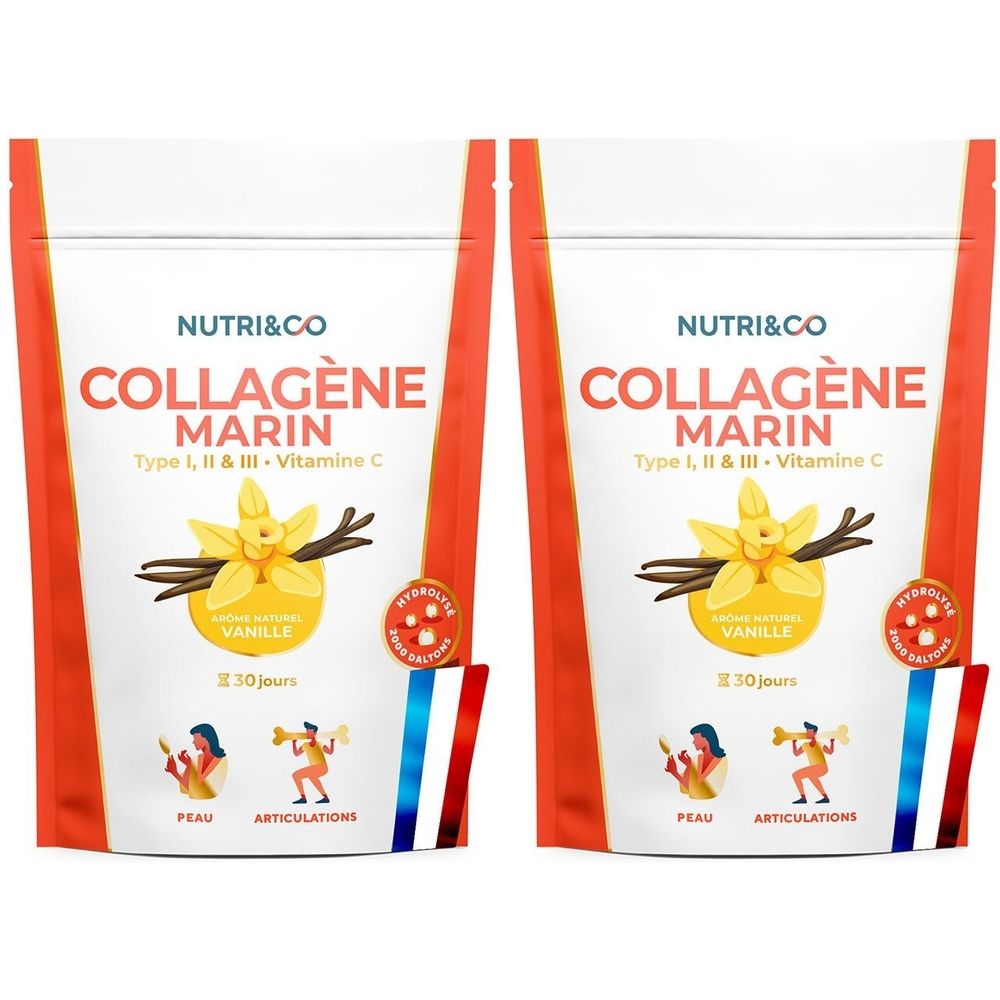 Deux sachets de NUTRI&CO Collagène Marin. Inscription : Type I, II & III + Vitamine C, arôme vanille. Illustration : fleur de vanille et gousses.