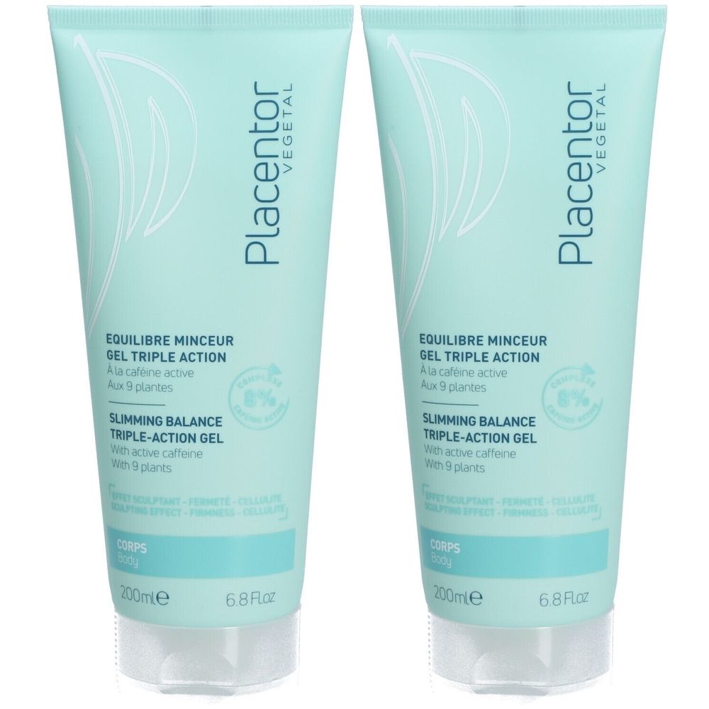 Deux tubes de gel. Emballage vert clair avec texte blanc. Inscription: EQUILIBRE MINCEUR GEL TRIPLE ACTION. Marque: Placentor VEGETAL.