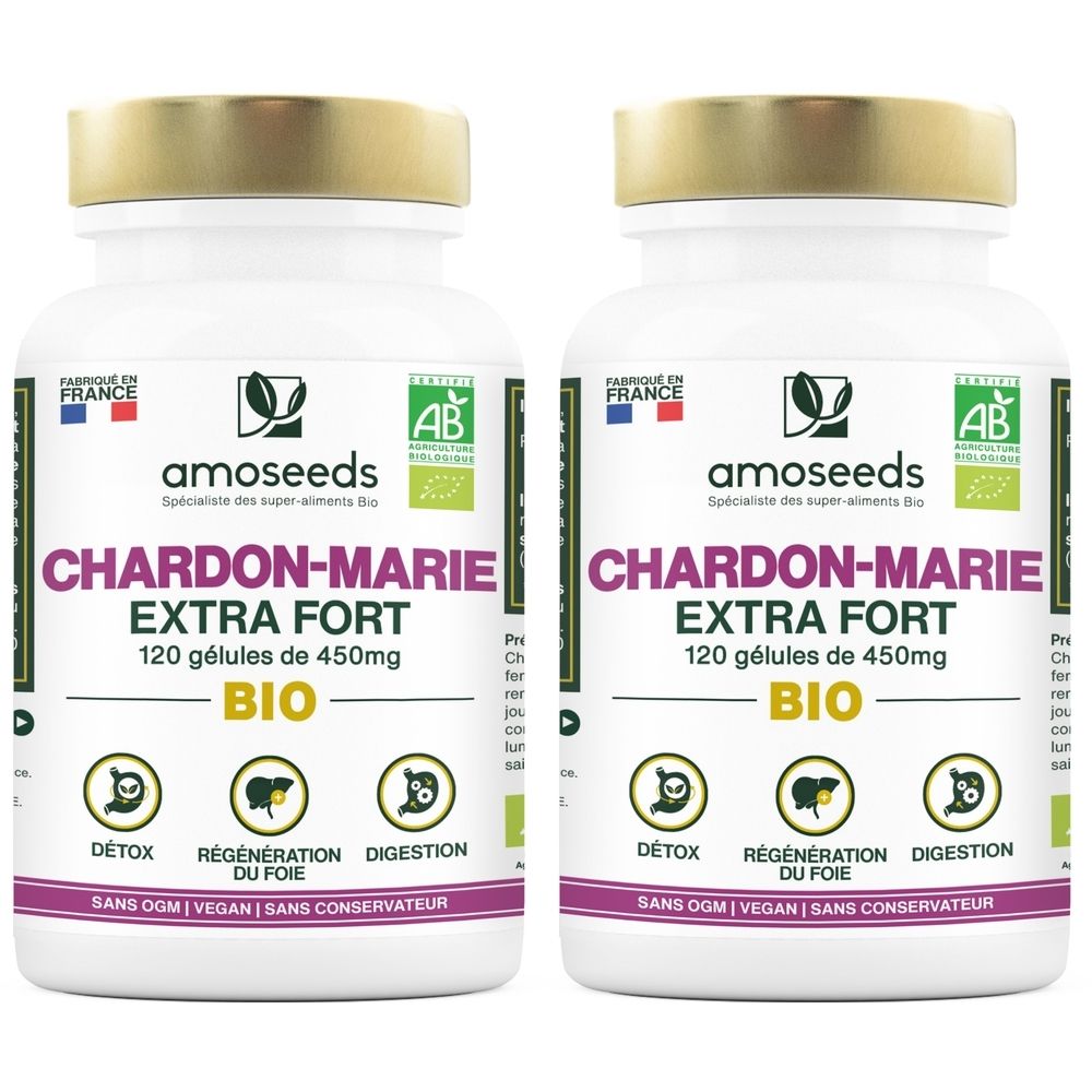 Deux flacons blancs avec bouchons dorés. Inscription: CHARDON-MARIE EXTRA FORT BIO. Avec label AB et origine France.