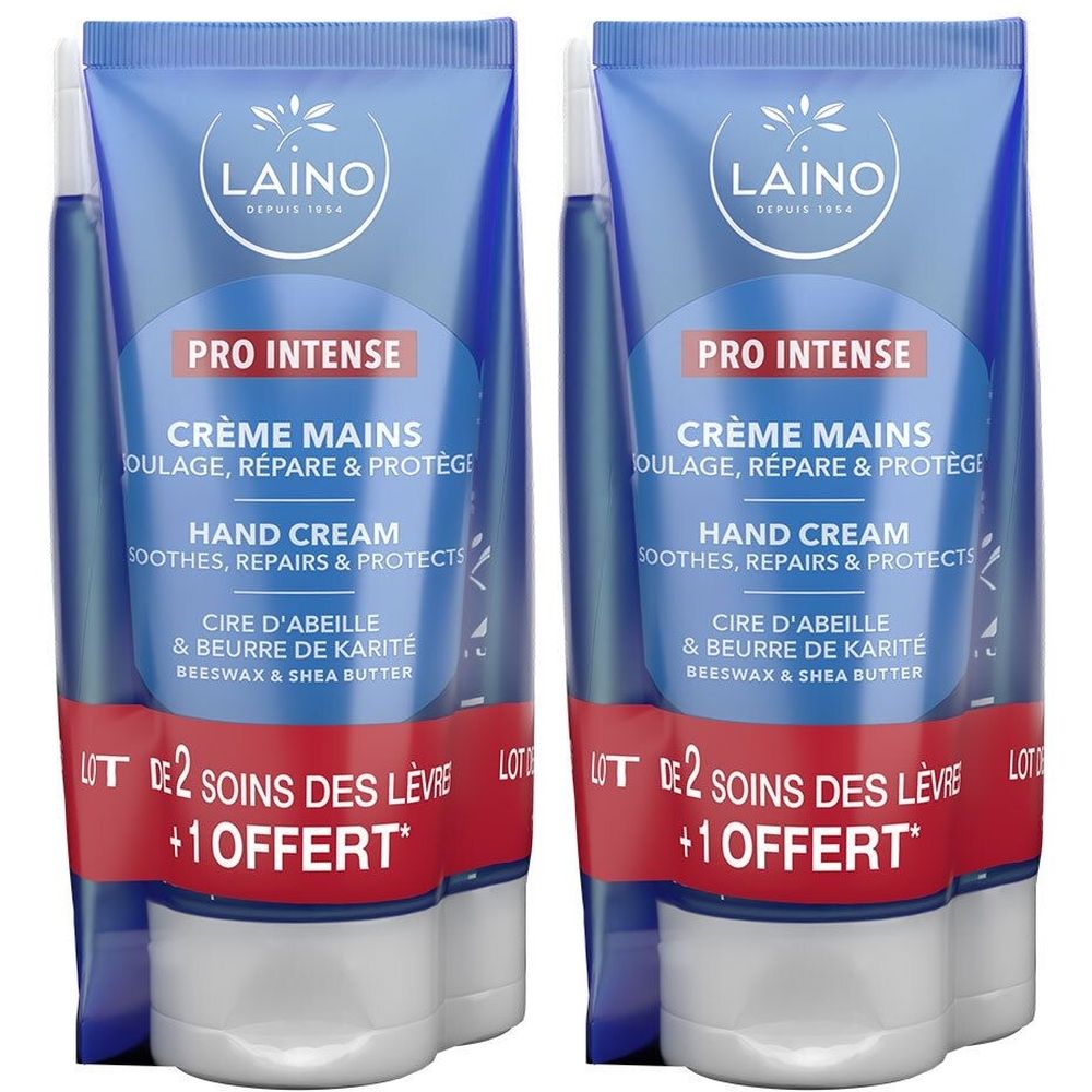 Deux tubes bleus de crème pour les mains. Inscription : Pro Intense, Crème Mains, Hand Cream. Contient cire d'abeille et beurre de karité. Avec soin des lèvres.