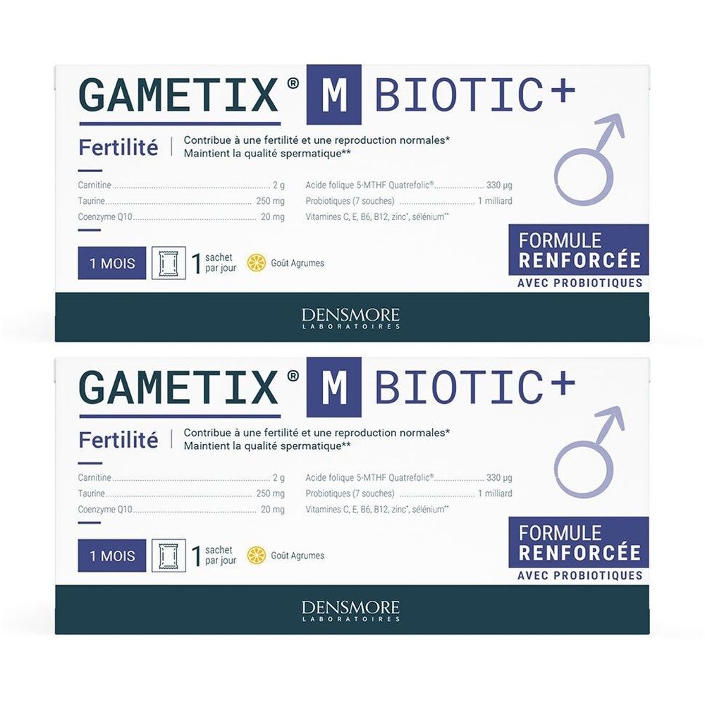 Deux boîtes de Gametix M Biotic+. Inscription: Fertilité, Formule Renforcée avec Probiotiques. Contient vitamines et minéraux.