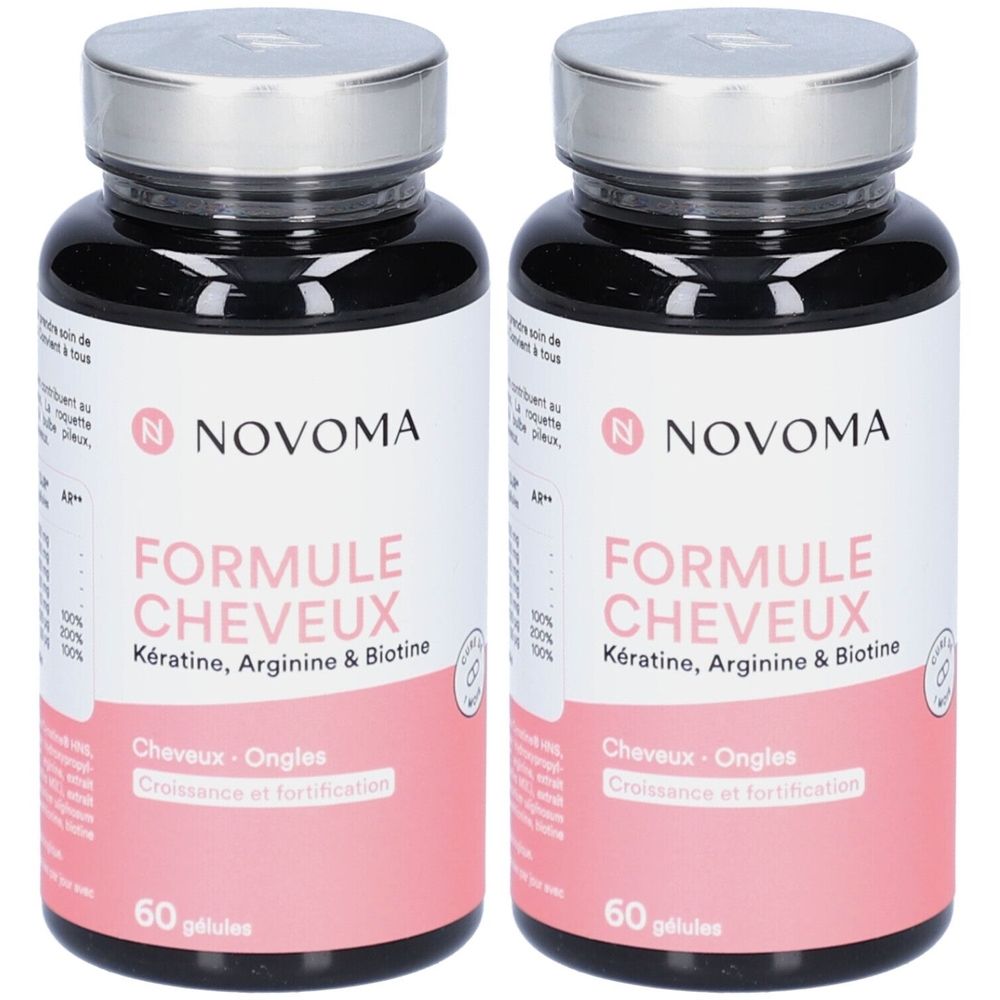 Deux flacons de NOVOMA Formule Cheveux. Flacons noirs avec couvercles argentés. Inscription : Formule Cheveux, Kératine, Arginine & Biotine.