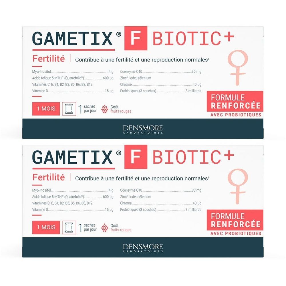 Deux boîtes de Gametix F Biotic+. Texte 'Fertilité' et 'Formule Renforcée'. Symbole féminin. Marque Densmore. Contenu non visible.
